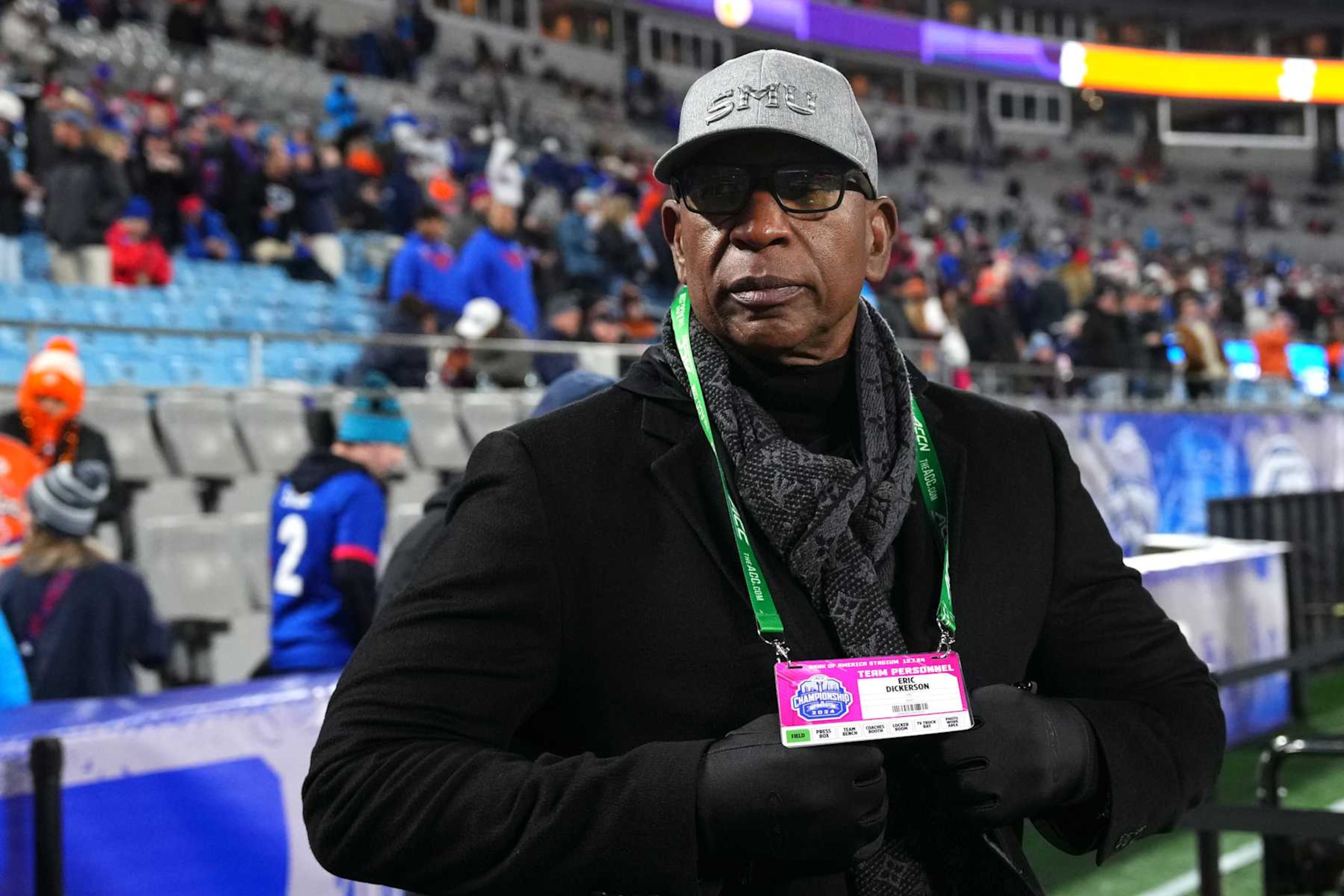 CHARLOTTE, NORTH CAROLINA - DECEMBER 07: Eric Dickerson, SMU Mustangs alumni, attends the 2024 ACC Football Championship at Bank of America Stadium on December 07, 2024 in Charlotte, North Carolina. (Photo by Grant Halverson/Getty Images)