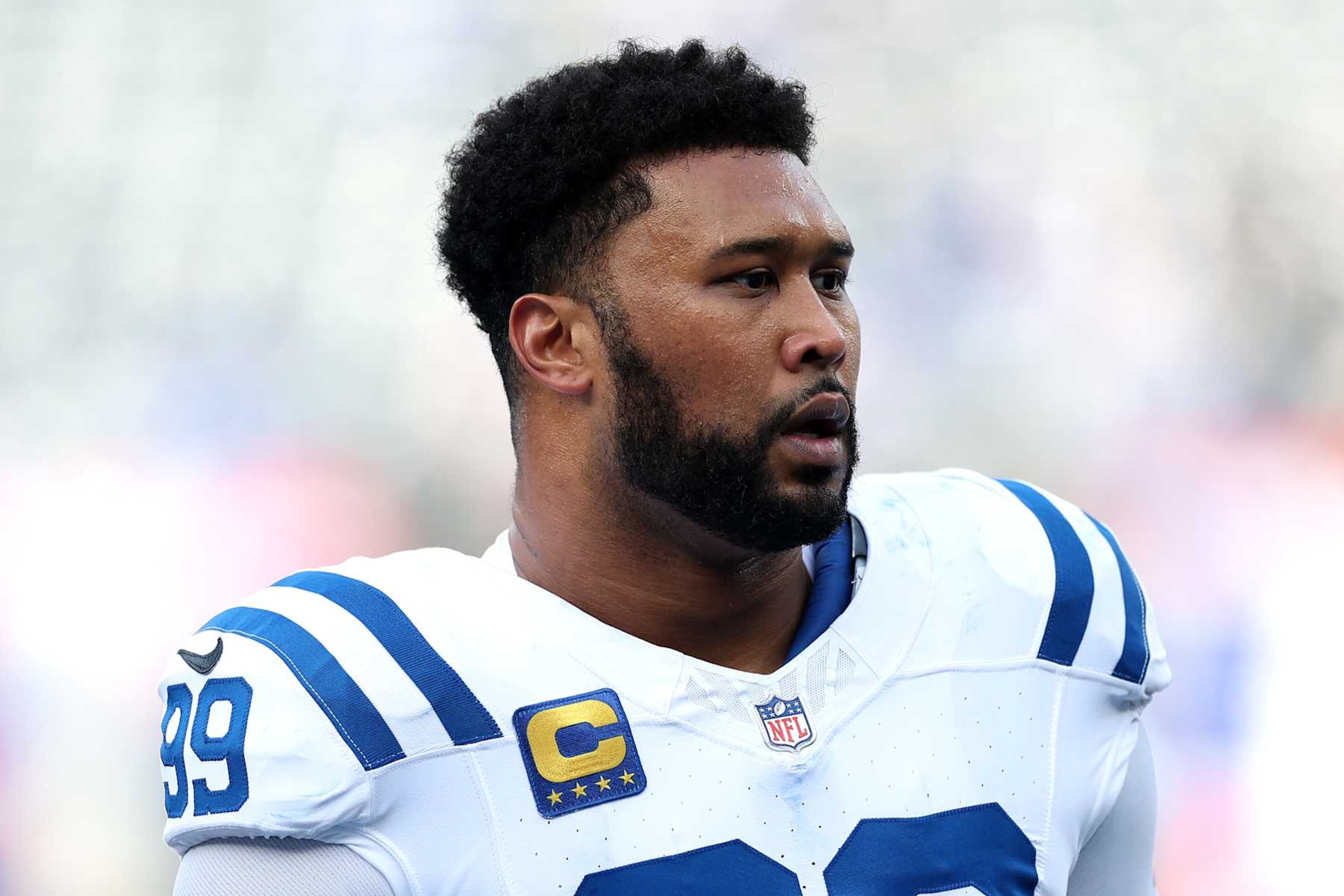 EAST RUTHERFORD, NEW JERSEY - DECEMBER 29: DeForest Buckner #99 of the Indianapolis Colts looks on before the game against the New York Giants at MetLife Stadium on December 29, 2024 in East Rutherford, New Jersey. (Photo by Luke Hales/Getty Images) EAST RUTHERFORD, NEW JERSEY - DECEMBER 29: DeForest Buckner #99 of the Indianapolis Colts looks on before the game against the New York Giants at MetLife Stadium on December 29, 2024 in East Rutherford, New Jersey. (Photo by Luke Hales/Getty Images)