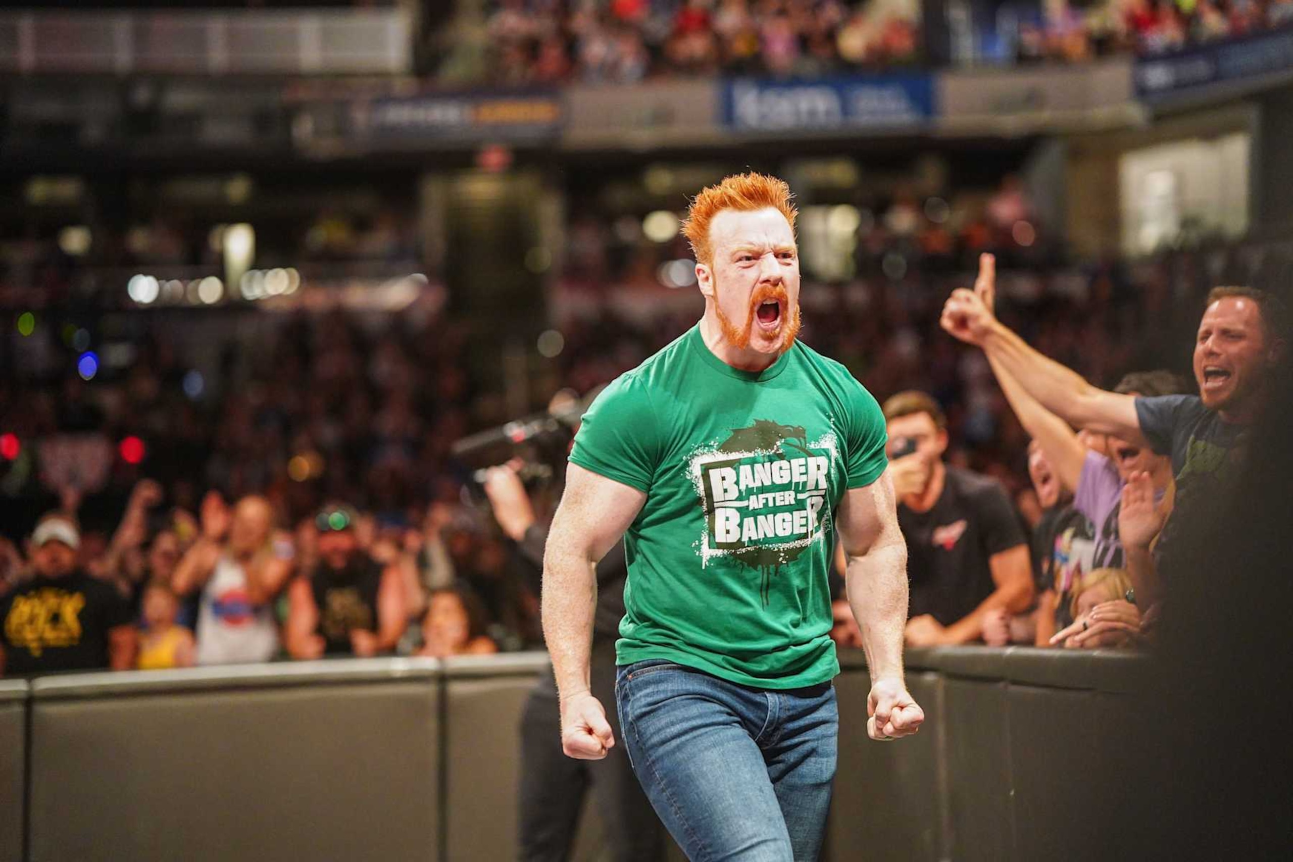 INDIANAPOLIS, INDIANA - JUNE 24: Sheamus celebrates interrupting Bron Breakker against Ludwig Kaiser during Monday Night RAW at Gainbridge Fieldhouse on June 24, 2024 in Indianapolis, Indiana.  (Photo by WWE/Getty Images)