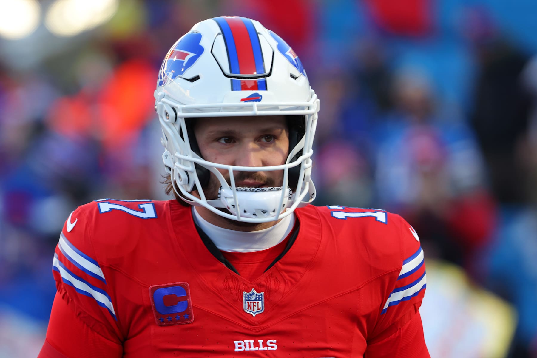 ORCHARD PARK, NEW YORK - DECEMBER 22: Josh Allen #17 of the Buffalo Bills looks on before the game against the New England Patriots at Highmark Stadium on December 22, 2024 in Orchard Park, New York. (Photo by Timothy T Ludwig/Getty Images)