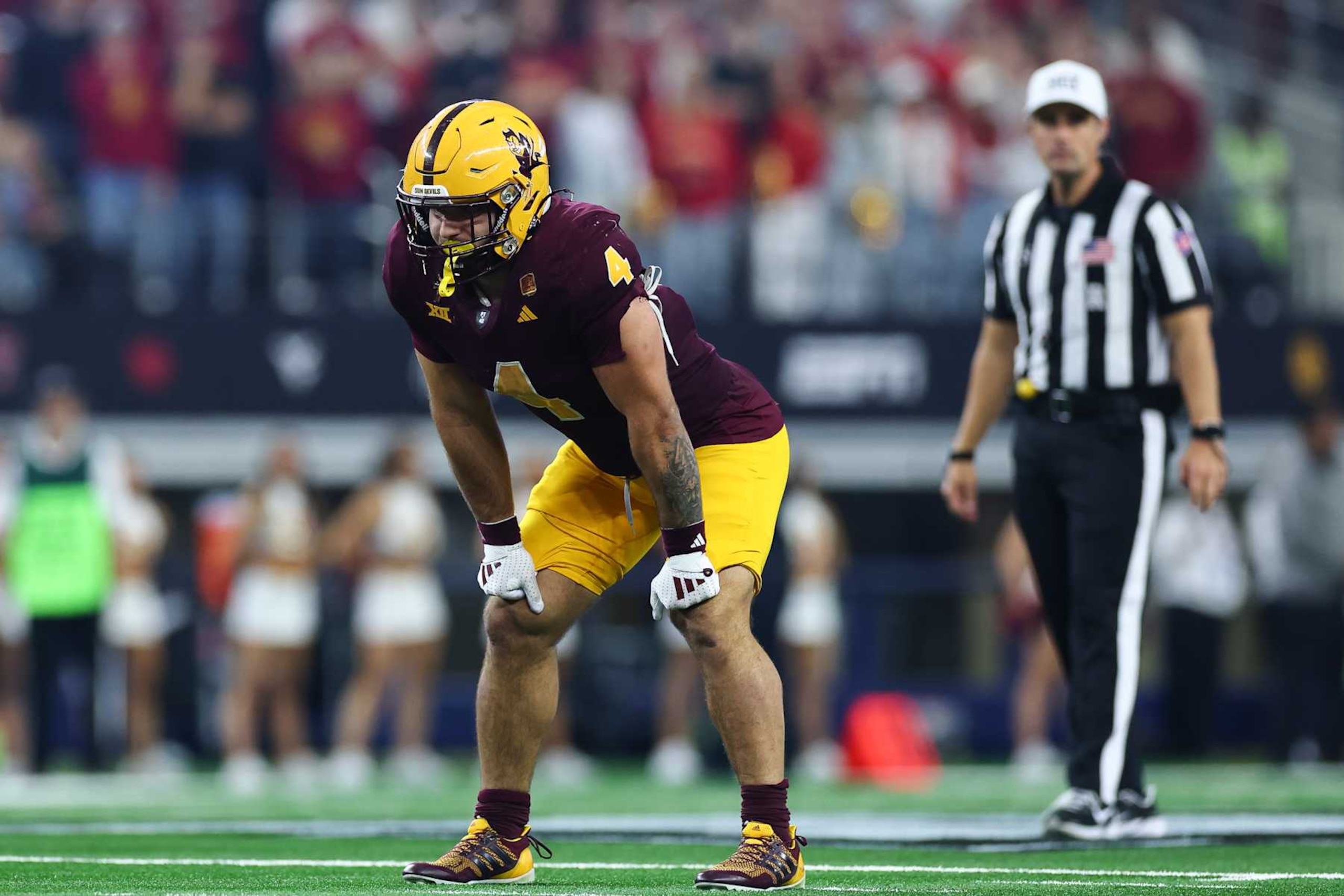 ARLINGTON, TEXAS - DECEMBER 7: Cam Skattebo #4 of the Arizona State Sun Devils lines up in the backfield during the second half of the Big 12 Championship game against the Iowa State Cyclones at AT&T Stadium on December 7, 2024 in Arlington, Texas. (Photo by Aaron M. Sprecher/Getty Images)