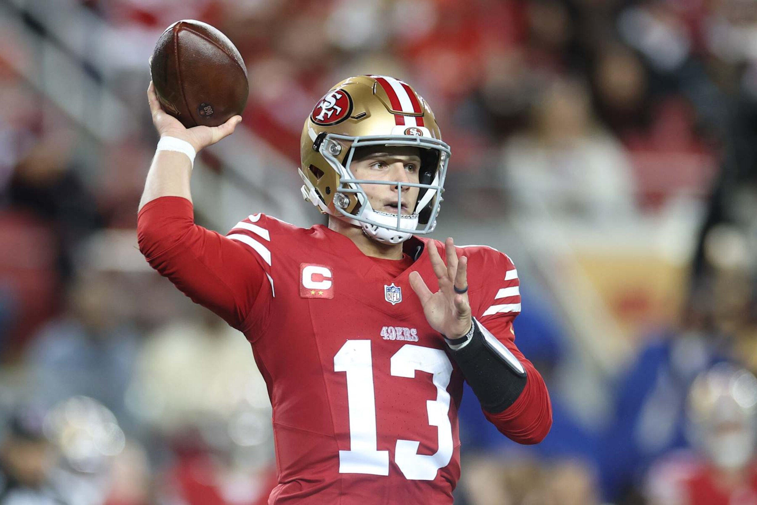 SANTA CLARA, CALIFORNIA - DECEMBER 30: Brock Purdy #13 of the San Francisco 49ers passes the ball against the Detroit Lions during the first quarter at Levi's Stadium on December 30, 2024 in Santa Clara, California. (Photo by Ezra Shaw/Getty Images) SANTA CLARA, CALIFORNIA - DECEMBER 30: Brock Purdy #13 of the San Francisco 49ers passes the ball against the Detroit Lions during the first quarter at Levi's Stadium on December 30, 2024 in Santa Clara, California. (Photo by Ezra Shaw/Getty Images)
