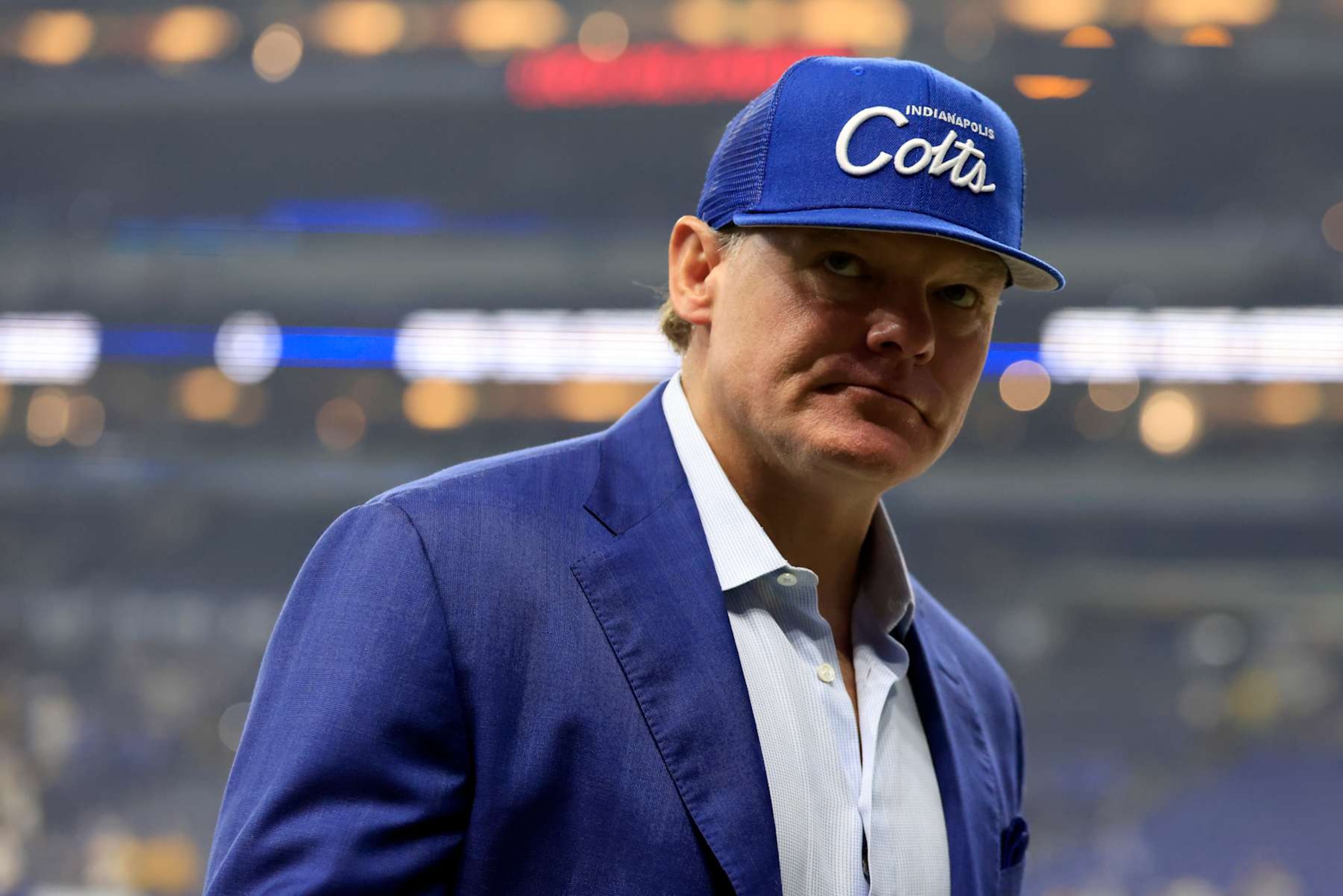 INDIANAPOLIS, INDIANA - SEPTEMBER 29: General Manager  Chris Ballard of the Indianapolis Colts looks on as he leaves the field after a win against the Pittsburgh Steelers at Lucas Oil Stadium on September 29, 2024 in Indianapolis, Indiana. (Photo by Justin Casterline/Getty Images)