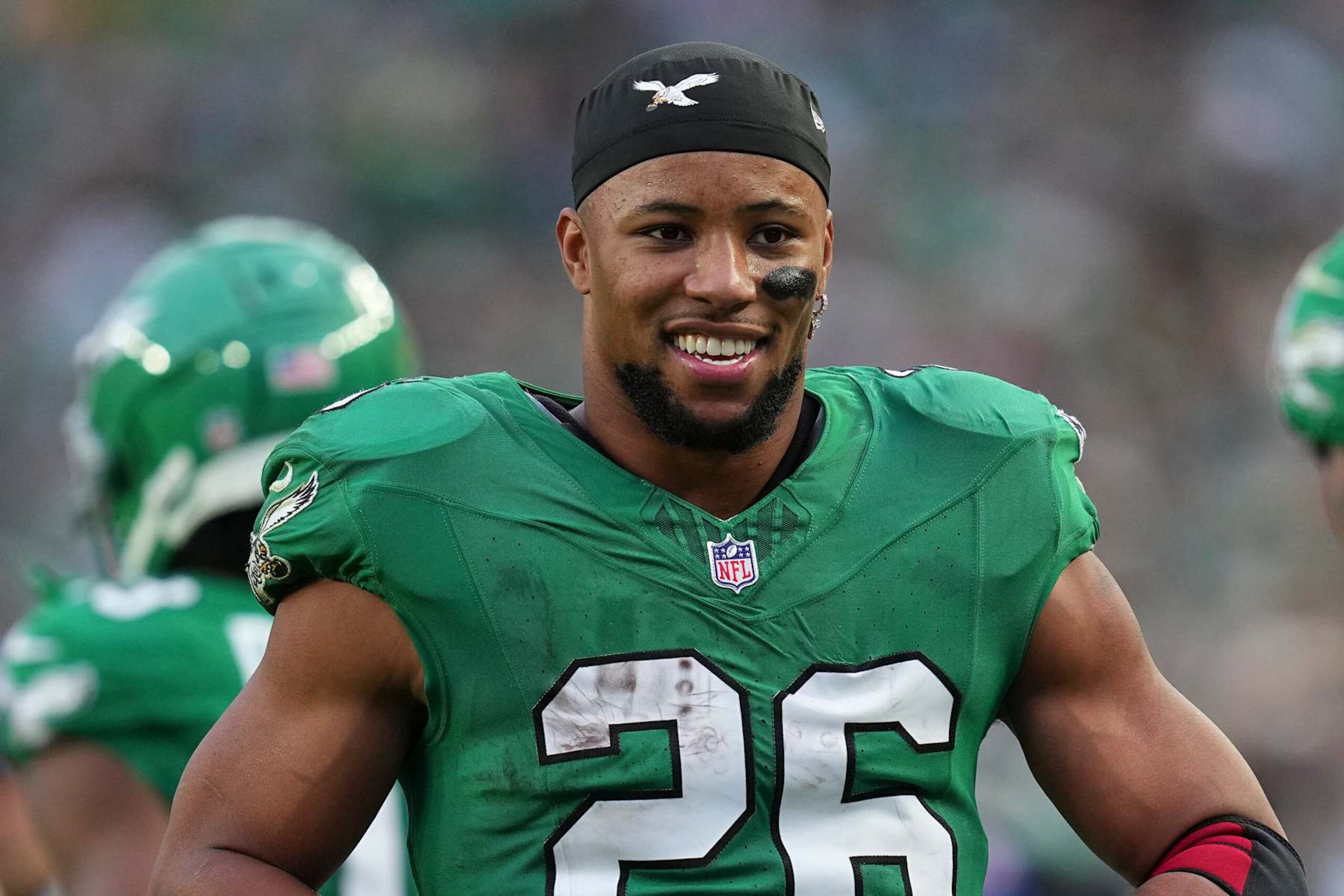 PHILADELPHIA, PENNSYLVANIA - DECEMBER 29: Saquon Barkley #26 of the Philadelphia Eagles reacts against the Dallas Cowboys at Lincoln Financial Field on December 29, 2024 in Philadelphia, Pennsylvania. (Photo by Mitchell Leff/Getty Images) PHILADELPHIA, PENNSYLVANIA - DECEMBER 29: Saquon Barkley #26 of the Philadelphia Eagles reacts against the Dallas Cowboys at Lincoln Financial Field on December 29, 2024 in Philadelphia, Pennsylvania. (Photo by Mitchell Leff/Getty Images)
