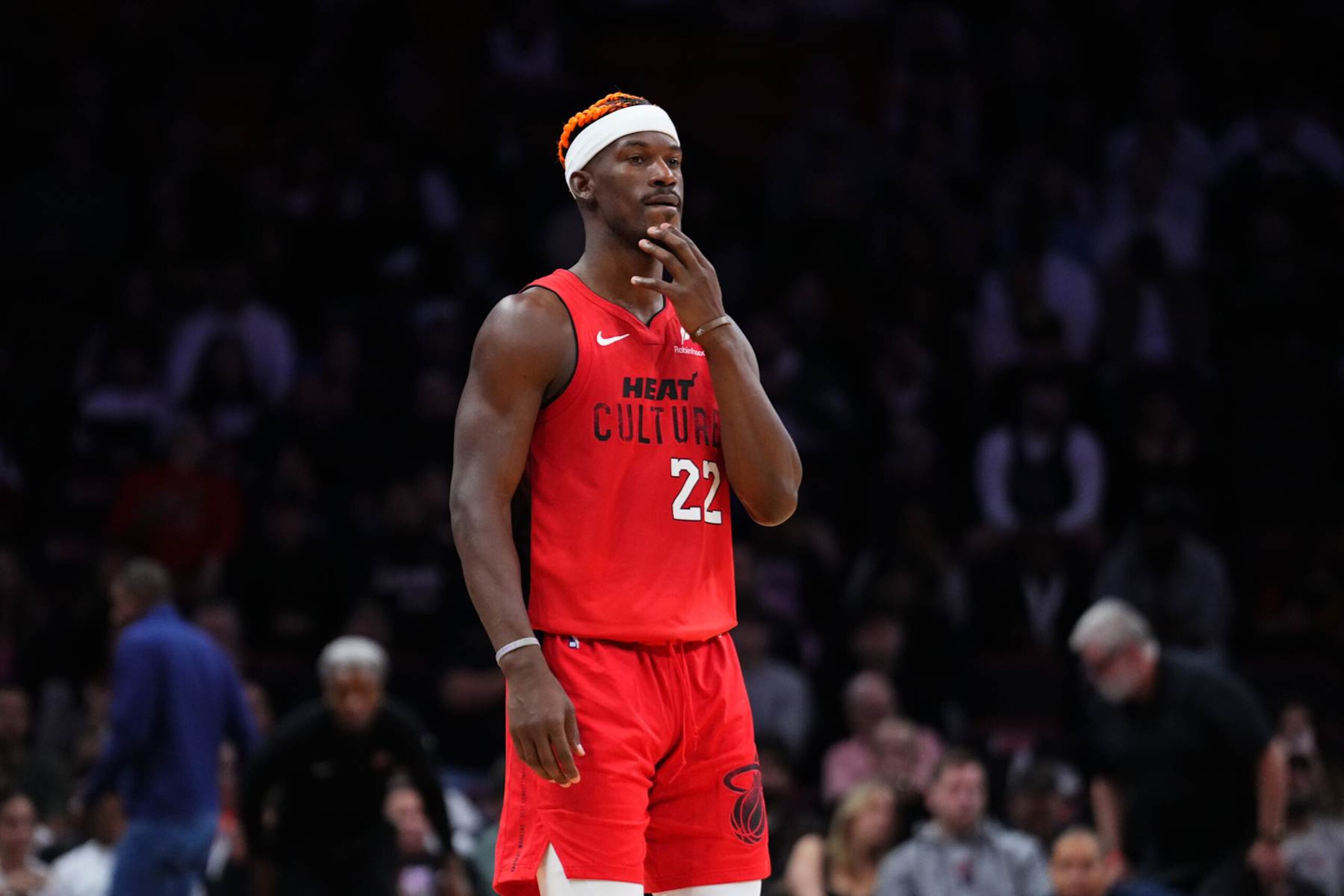 MIAMI, FLORIDA - DECEMBER 12: Jimmy Butler #22 of the Miami Heat looks on against the Toronto Raptors during the second quarter at Kaseya Center on December 12, 2024 in Miami, Florida. NOTE TO USER: User expressly acknowledges and agrees that, by downloading and or using this Photograph, user is consenting to the terms and conditions of the Getty Images License Agreement. (Photo by Rich Storry/Getty Images)