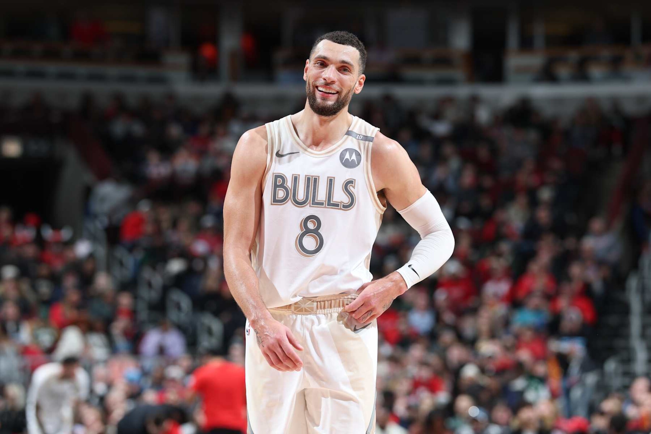 CHICAGO, IL - DECEMBER 28:  Zach LaVine #8 of the Chicago Bulls smiles during the game against the Milwaukee Bucks on December 28, 2024 at United Center in Chicago, Illinois. NOTE TO USER: User expressly acknowledges and agrees that, by downloading and or using this photograph, User is consenting to the terms and conditions of the Getty Images License Agreement. Mandatory Copyright Notice: Copyright 2024 NBAE (Photo by Jeff Haynes/NBAE via Getty Images)