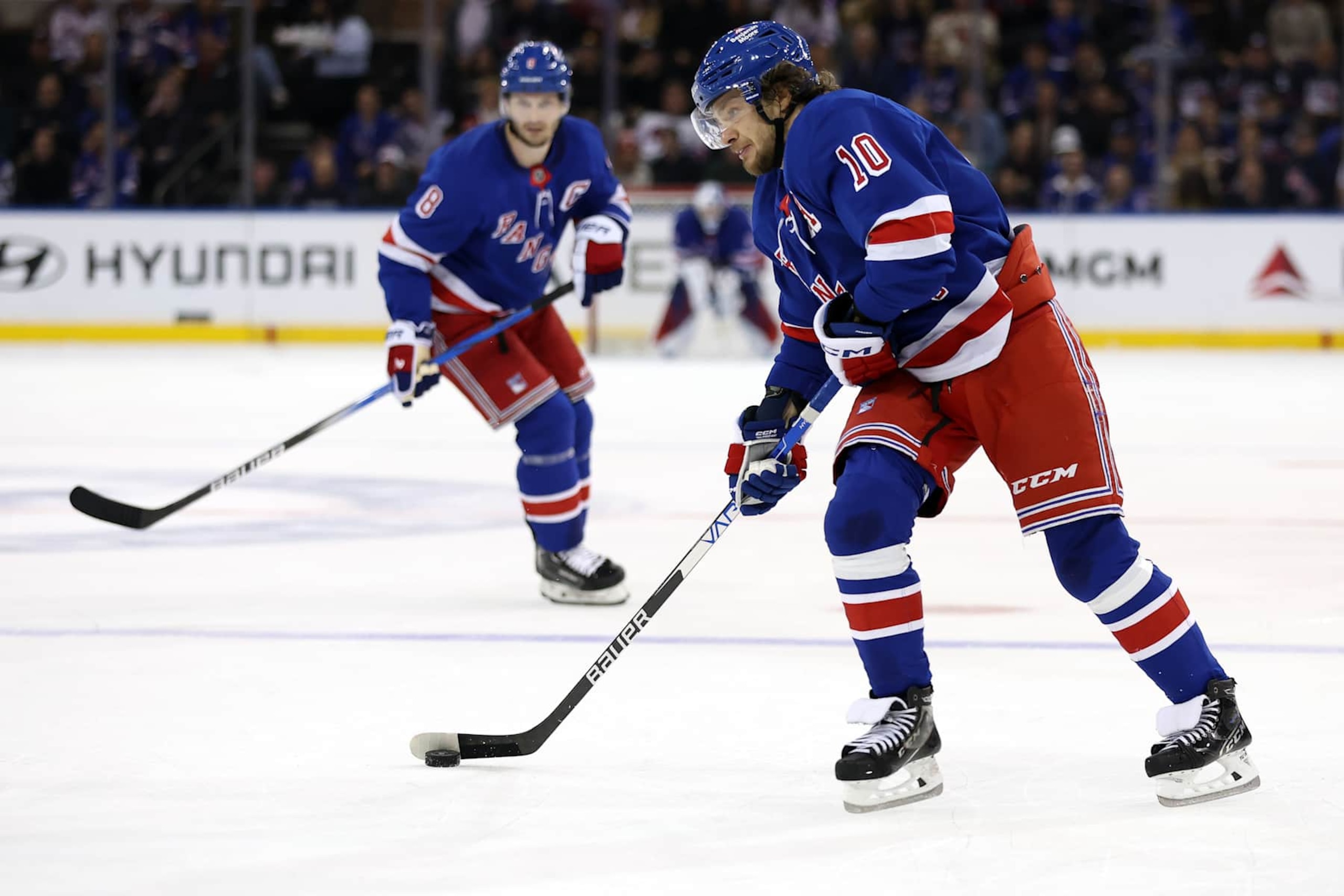 NEW YORK, NEW YORK - OCTOBER 26: Artemi Panarin #10 of the New York Rangers in action during the third period against the Anaheim Ducks at Madison Square Garden on October 26, 2024 in New York City. The Rangers won 2-1. (Photo by Sarah Stier/Getty Images) NEW YORK, NEW YORK - OCTOBER 26: Artemi Panarin #10 of the New York Rangers in action during the third period against the Anaheim Ducks at Madison Square Garden on October 26, 2024 in New York City. The Rangers won 2-1. (Photo by Sarah Stier/Getty Images)