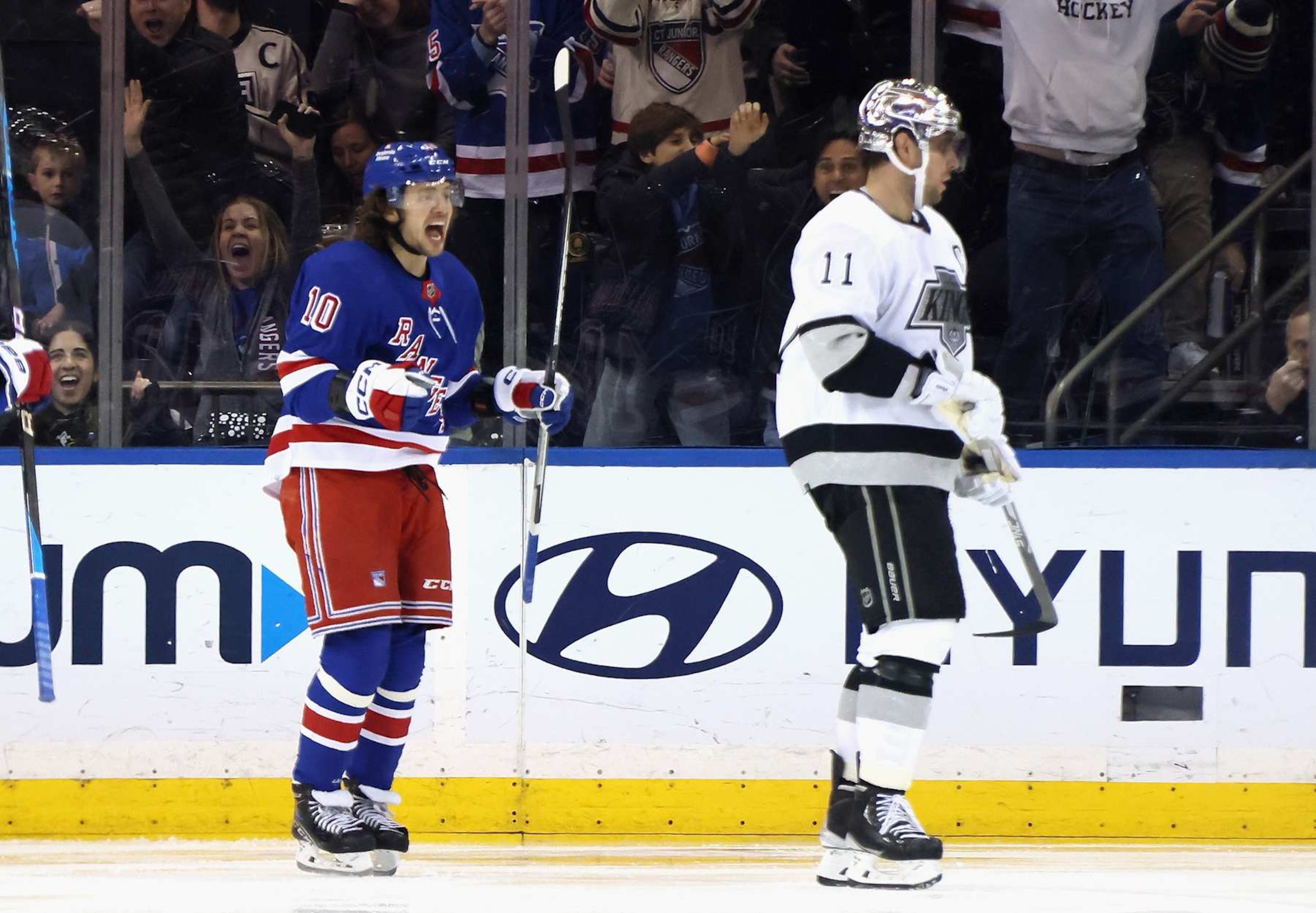 NEW YORK, NEW YORK - FEBRUARY 26: Artemi Panarin #10 of the New York Rangers celebrates his goal against the Los Angeles Kings at 2:10 of the third period at Madison Square Garden on February 26, 2023 in New York City. The Rangers defeated the Kings 5-2. (Photo by Bruce Bennett/Getty Images) NEW YORK, NEW YORK - FEBRUARY 26: Artemi Panarin #10 of the New York Rangers celebrates his goal against the Los Angeles Kings at 2:10 of the third period at Madison Square Garden on February 26, 2023 in New York City. The Rangers defeated the Kings 5-2. (Photo by Bruce Bennett/Getty Images)