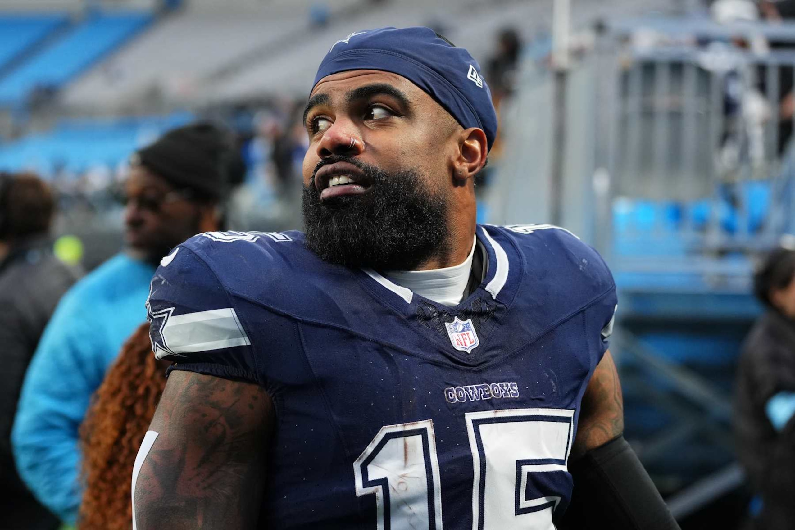 CHARLOTTE, NORTH CAROLINA - DECEMBER 15: Ezekiel Elliott #15 of the Dallas Cowboys leaves the field after defeating the Carolina Panthers 30-14 at Bank of America Stadium on December 15, 2024 in Charlotte, North Carolina. (Photo by Grant Halverson/Getty Images)
