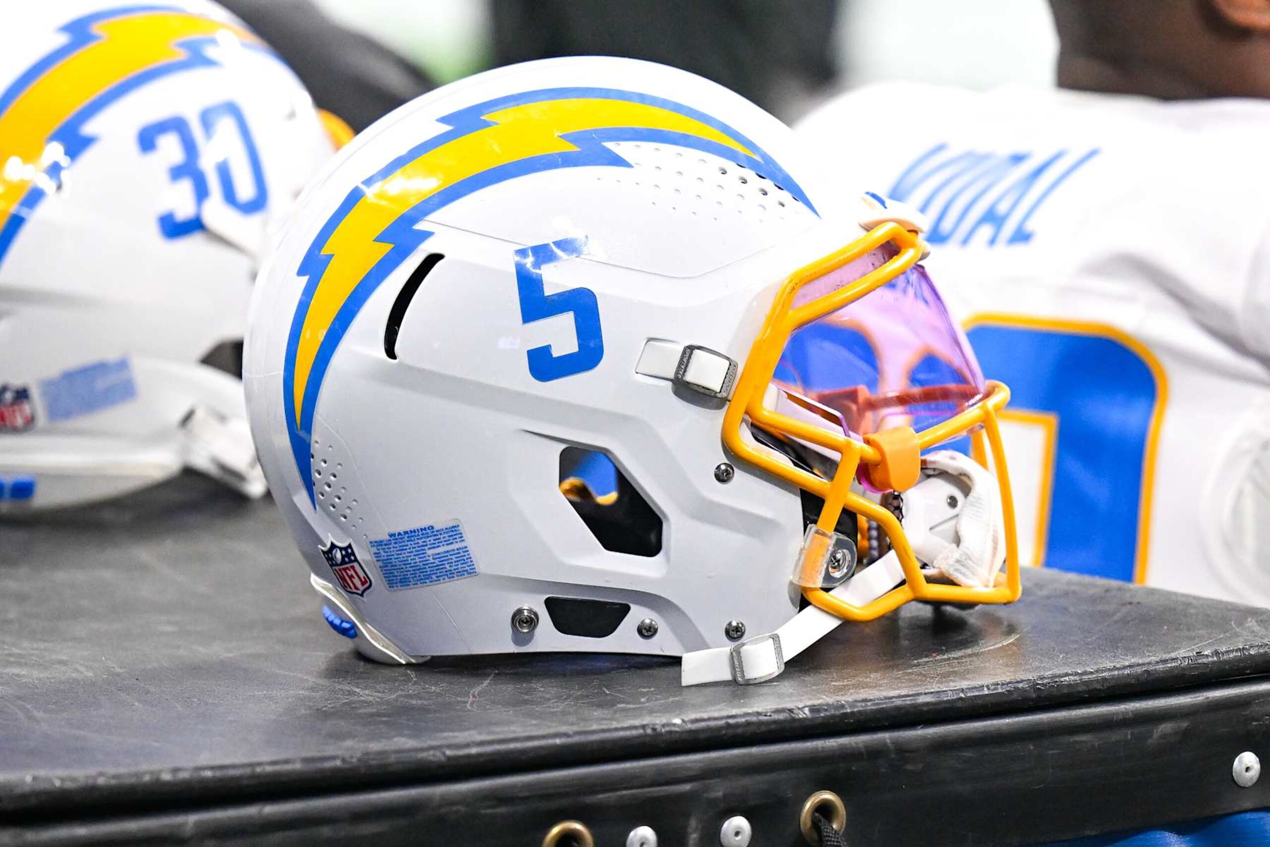 ATLANTA, GA  DECEMBER 01:  The helmet of Los Angeles wide receiver Joshua Palmer (5) seen during the NFL game between the Los Angeles Chargers and the Atlanta Falcons on December 1st, 2024 at Mercedes-Benz Stadium in Atlanta, GA.  (Photo by Rich von Biberstein/Icon Sportswire via Getty Images)