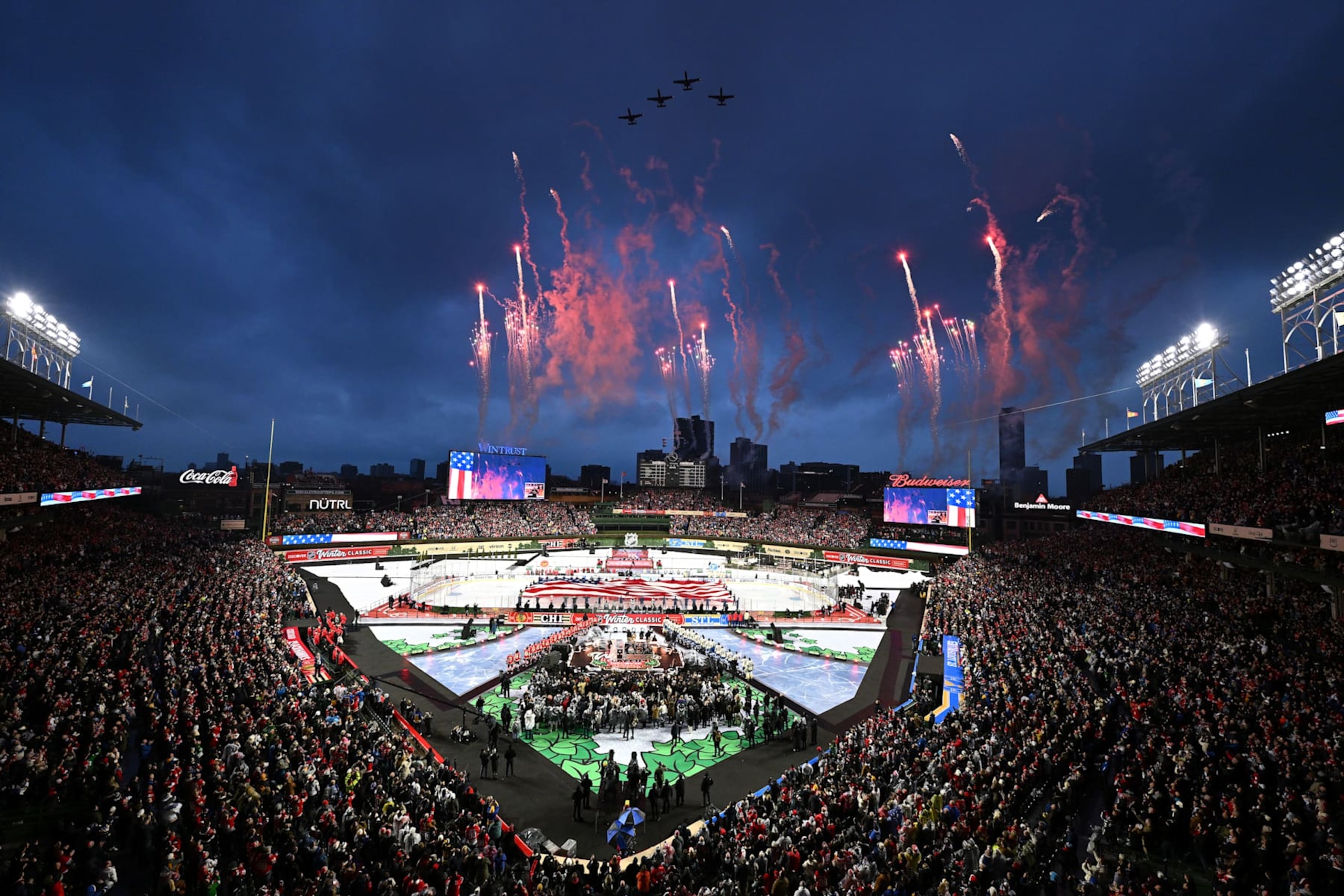 CHICAGO, ILLINOIS - DECEMBER 31: A general view of pre-game ceremonies before the Discover NHL Winter Classic between the St. Louis Blues and the Chicago Blackhawks at Wrigley Field on December 31, 2024 in Chicago, Illinois. (Photo by Jamie Sabau/NHLI via Getty Images) CHICAGO, ILLINOIS - DECEMBER 31: A general view of pre-game ceremonies before the Discover NHL Winter Classic between the St. Louis Blues and the Chicago Blackhawks at Wrigley Field on December 31, 2024 in Chicago, Illinois. (Photo by Jamie Sabau/NHLI via Getty Images)
