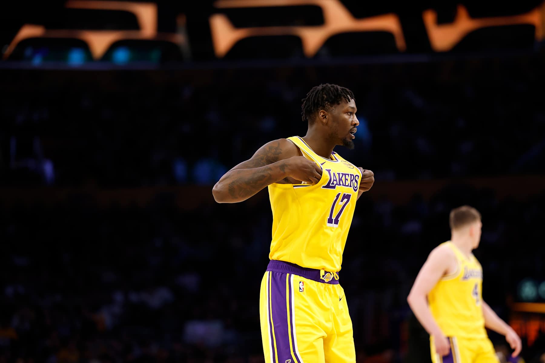 LOS ANGELES, CALIFORNIA - DECEMBER 31:  Dorian Finney-Smith #17 of the Los Angeles Lakers during the first half against the Cleveland Cavaliers at Crypto.com Arena on December 31, 2024 in Los Angeles, California.  NOTE TO USER: User expressly acknowledges and agrees that, by downloading and or using this photograph, User is consenting to the terms and conditions of the Getty Images License Agreement.  (Photo by Ronald Martinez/Getty Images)