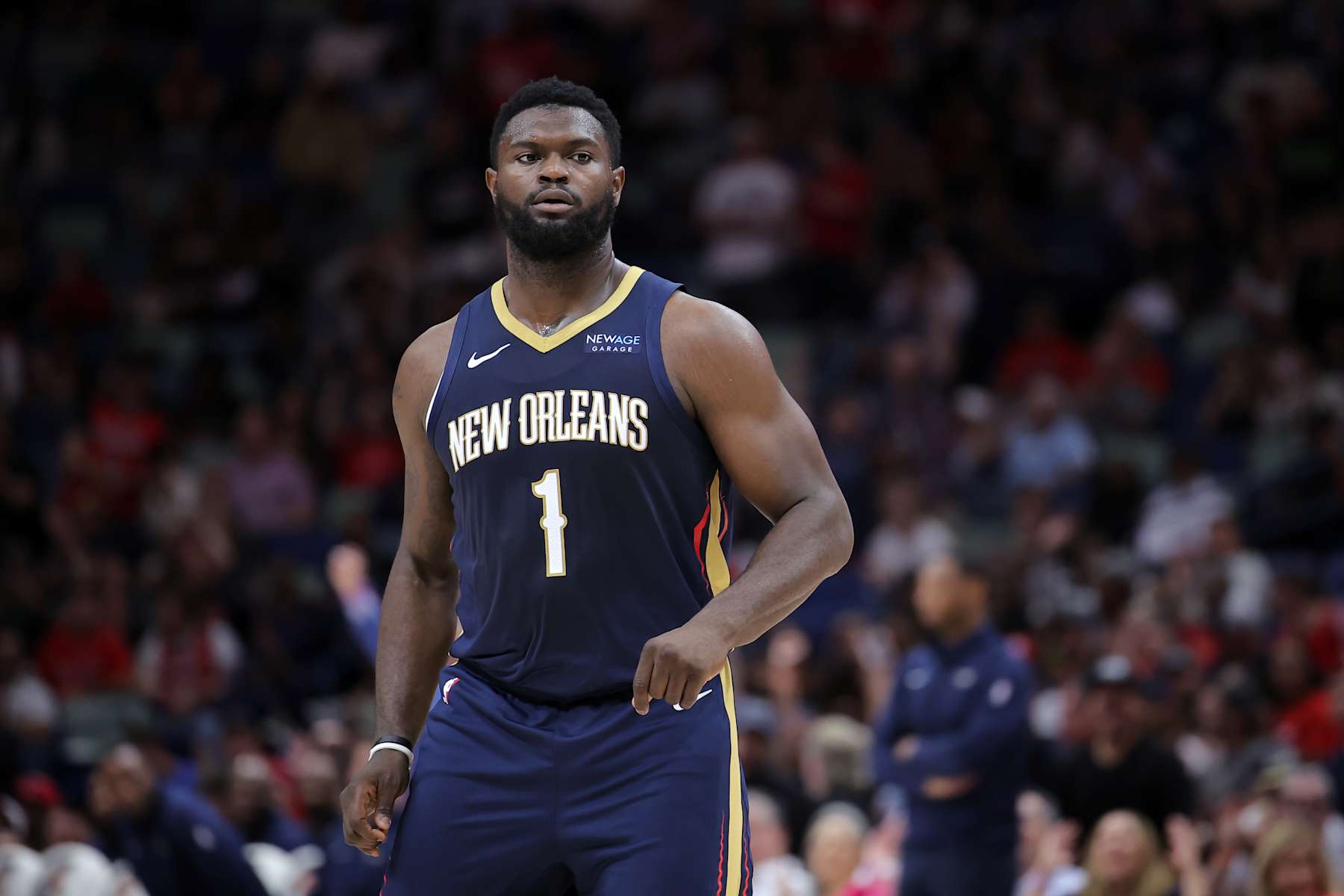 NEW ORLEANS, LOUISIANA - NOVEMBER 06: Zion Williamson #1 of the New Orleans Pelicans reacts against the Cleveland Cavaliers during the second half at the Smoothie King Center on November 06, 2024 in New Orleans, Louisiana. NOTE TO USER: User expressly acknowledges and agrees that, by downloading and or using this Photograph, user is consenting to the terms and conditions of the Getty Images License Agreement. (Photo by Jonathan Bachman/Getty Images)