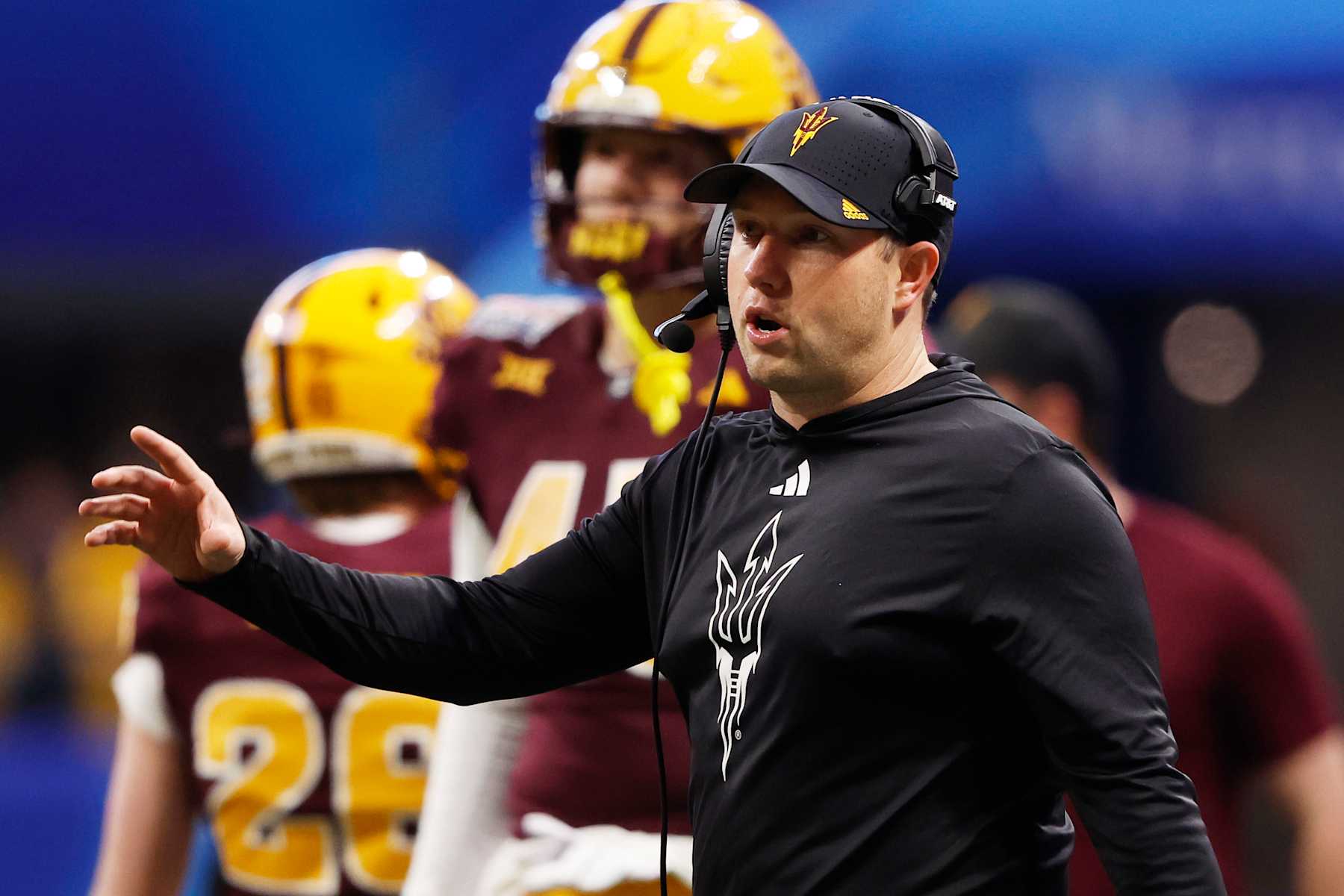 ATLANTA, GEORGIA - JANUARY 01: Head coach Kenny Dillingham of the Arizona State Sun Devils reacts during the third quarter against the Texas Longhorns in the Chick-fil-A Peach Bowl at Mercedes-Benz Stadium on January 01, 2025 in Atlanta, Georgia.  (Photo by Butch Dill/Getty Images)