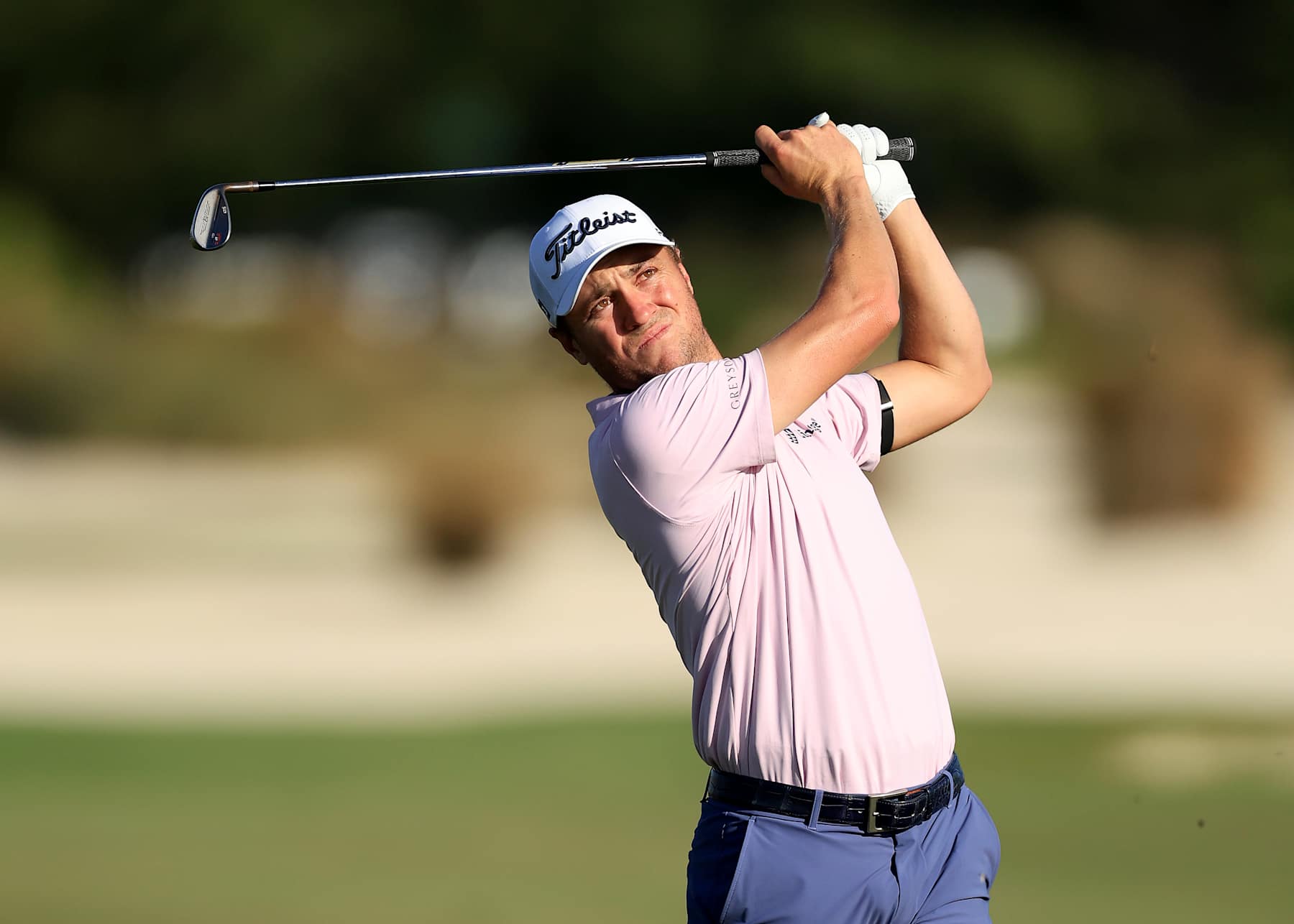 NASSAU, BAHAMAS - DECEMBER 08: Justin Thomas of The United States plays his second shot on the 13th hole during the final round of the Hero World Challenge 2024 at Albany Golf Course on December 08, 2024 in Nassau, Bahamas. (Photo by David Cannon/Getty Images)