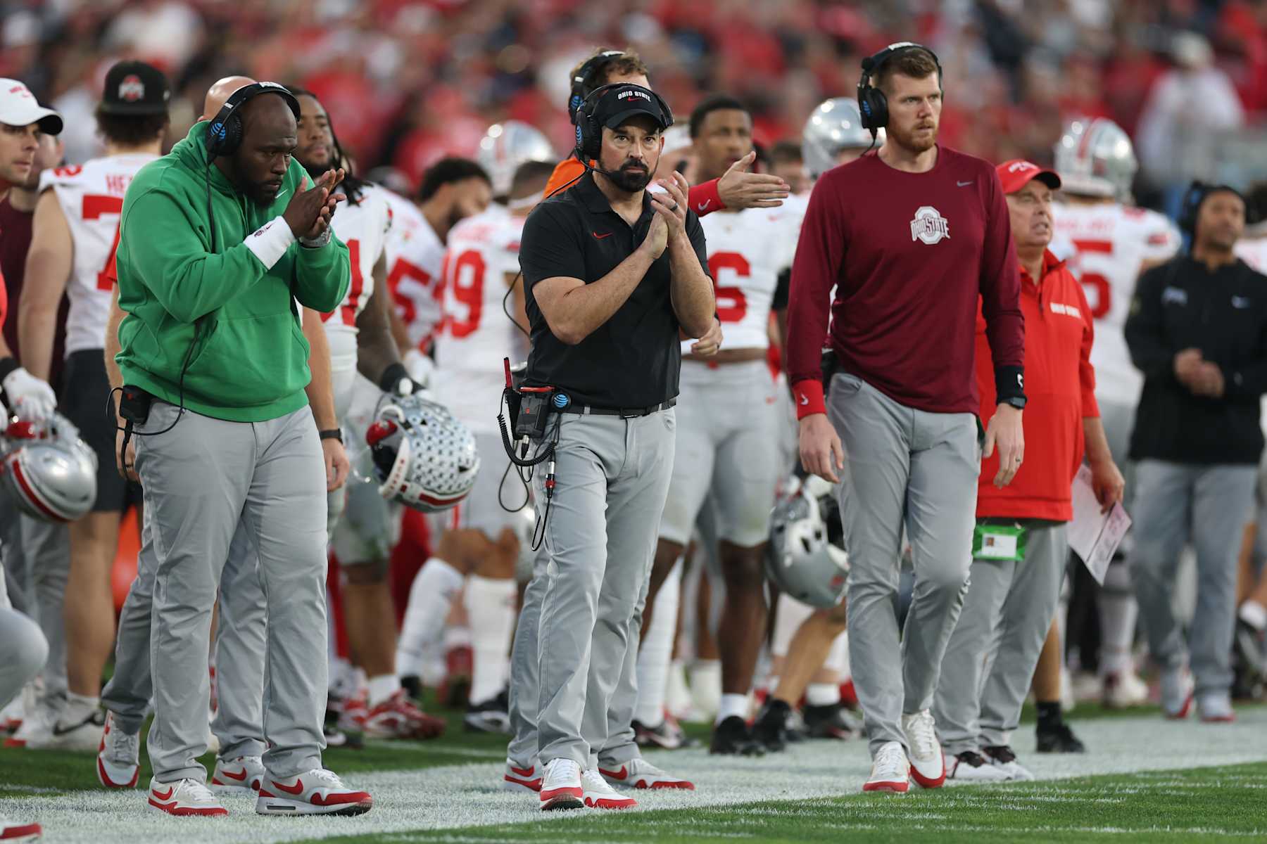 PASADENA, CALIFORNIA - JANUARY 01: Head coach Ryan Day of the Ohio State Buckeyes reacts during the third quarter against the Oregon Ducks during the Rose Bowl Game Presented by Prudential at Rose Bowl Stadium on January 01, 2025 in Pasadena, California. (Photo by Sean M. Haffey/Getty Images)