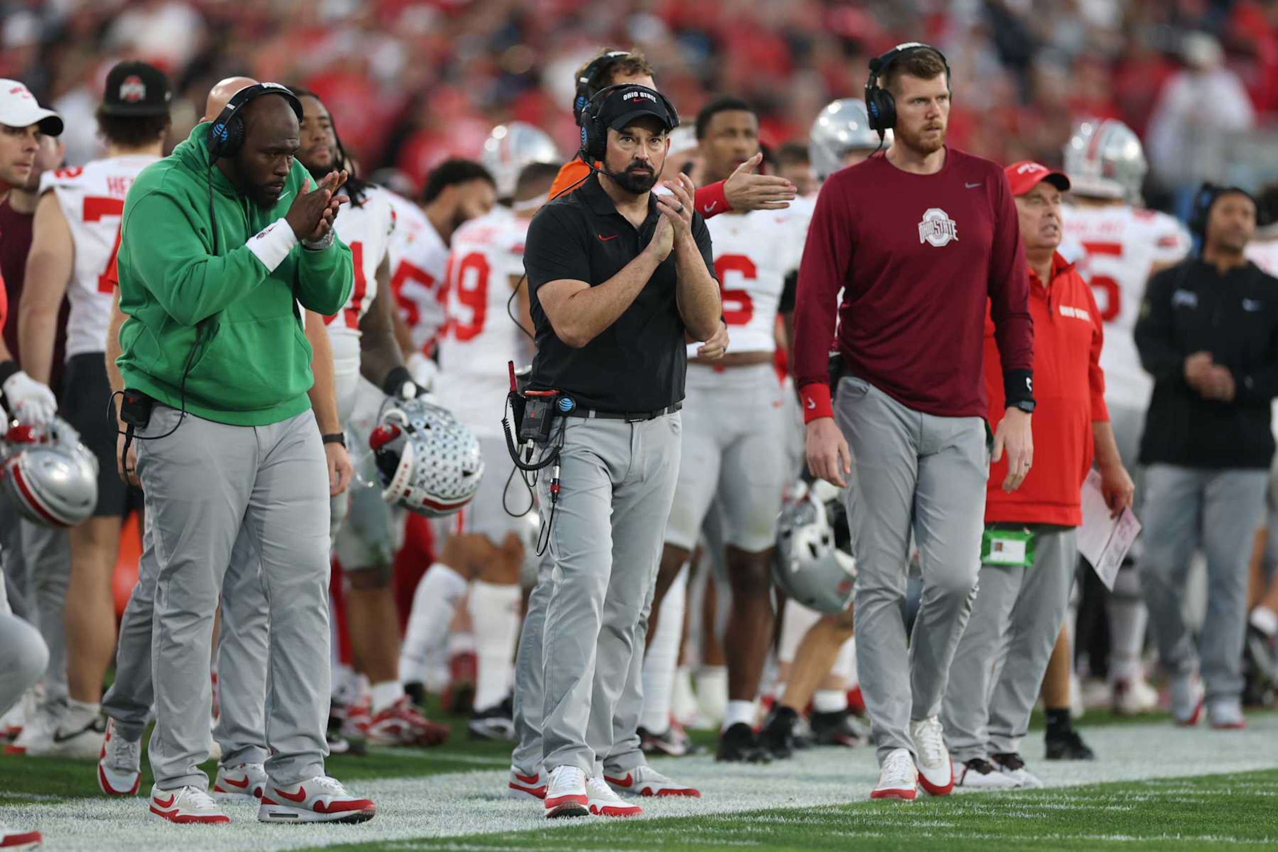 PASADENA, CALIFORNIA - JANUARY 01: Head coach Ryan Day of the Ohio State Buckeyes reacts during the third quarter against the Oregon Ducks during the Rose Bowl Game Presented by Prudential at Rose Bowl Stadium on January 01, 2025 in Pasadena, California. (Photo by Sean M. Haffey/Getty Images) PASADENA, CALIFORNIA - JANUARY 01: Head coach Ryan Day of the Ohio State Buckeyes reacts during the third quarter against the Oregon Ducks during the Rose Bowl Game Presented by Prudential at Rose Bowl Stadium on January 01, 2025 in Pasadena, California. (Photo by Sean M. Haffey/Getty Images)
