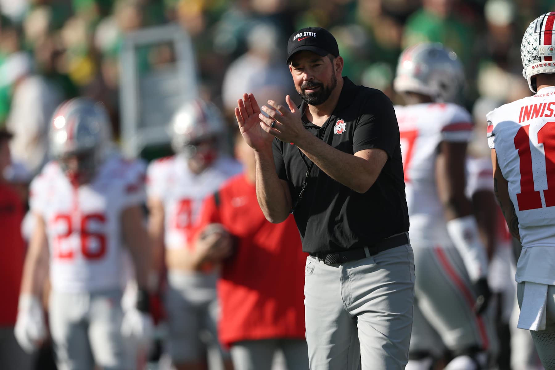 PASADENA, CALIFORNIA - JANUARY 01: Head coach Ryan Day of the Ohio State Buckeyes reacts during warm ups prior to the game against the Oregon Ducks during the Rose Bowl Game Presented by Prudential at Rose Bowl Stadium on January 01, 2025 in Pasadena, California. (Photo by Sean M. Haffey/Getty Images)