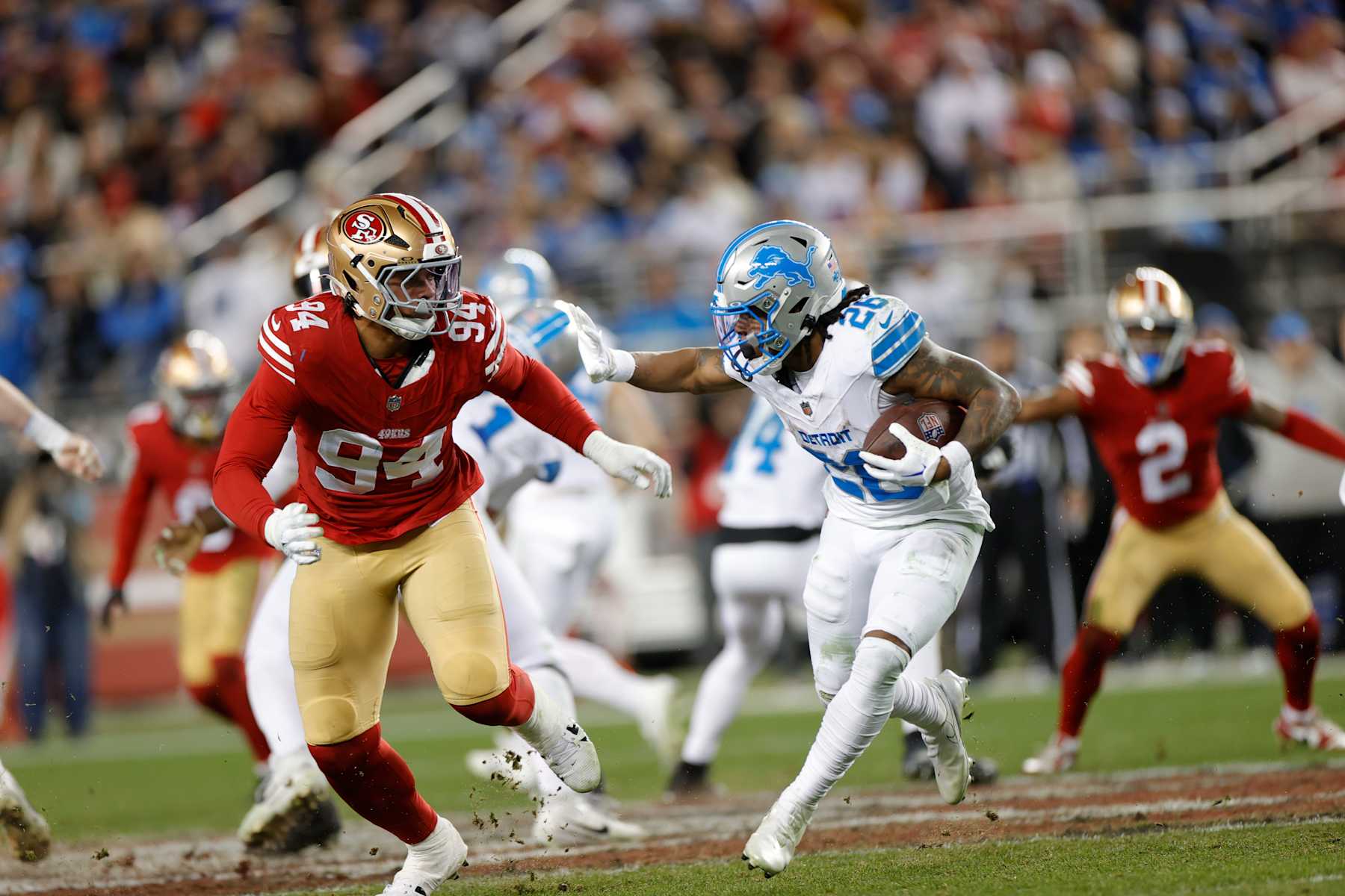 SANTA CLARA, CA - DECEMBER 30: Yetur Gross-Matos #94 of the Detroit Lions defends during the game against the San Francisco 49ers at Levi's Stadium on December 30, 2024 in Santa Clara, California. The Lions defeated the 49ers 40-34. (Photo by Michael Zagaris/San Francisco 49ers/Getty Images)