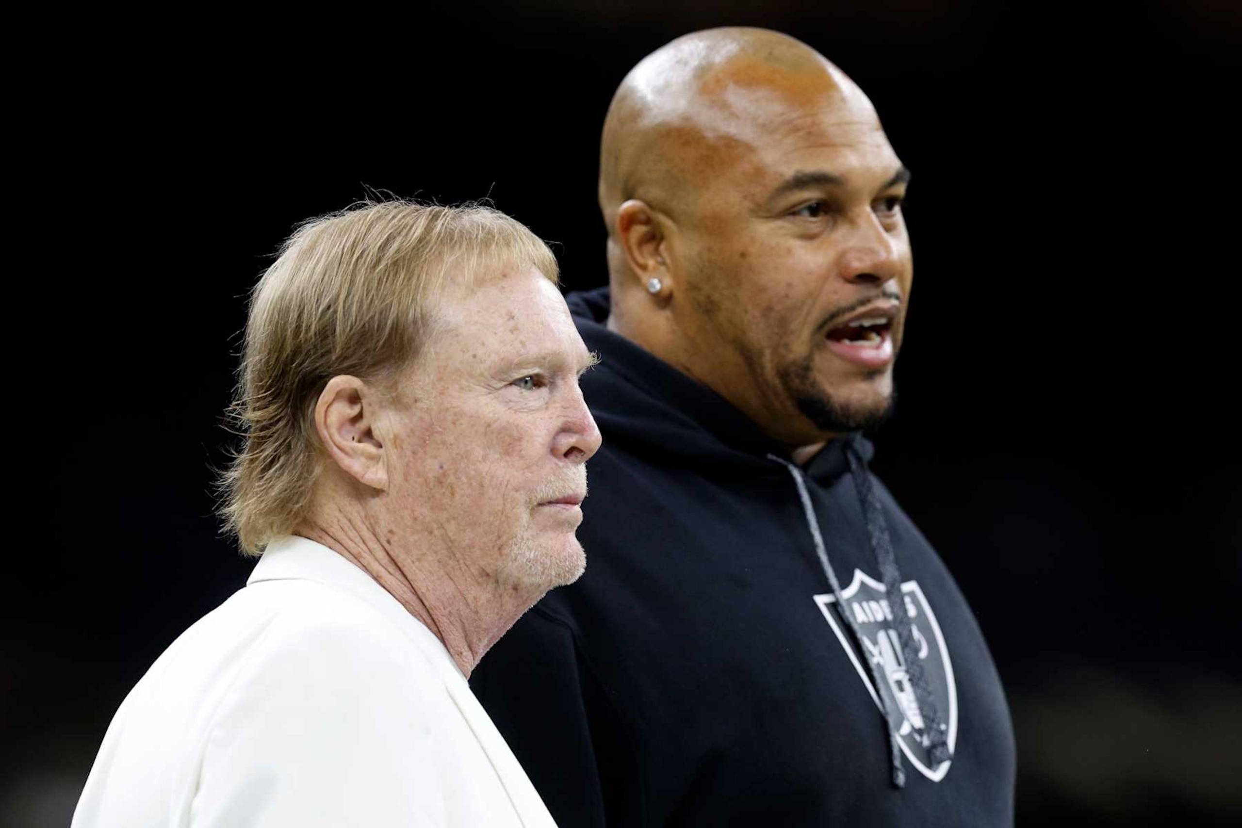 NEW ORLEANS, LOUISIANA - DECEMBER 29: Las Vegas Raiders owner Mark Davis and Antonio Pierce head coach of the Las Vegas Raiders looks on before the game against the New Orleans Saints at Caesars Superdome on December 29, 2024 in New Orleans, Louisiana. (Photo by Sean Gardner/Getty Images)