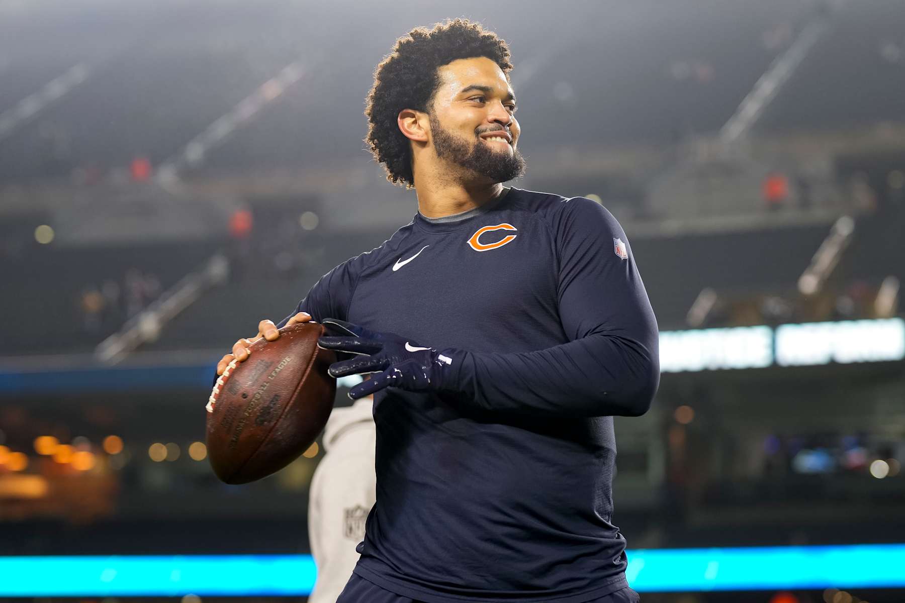 CHICAGO, ILLINOIS - DECEMBER 26: Quarterback Caleb Williams #18 of the Chicago Bears warms up prior to an NFL football game against the Seattle Seahawks, at Soldier Field on December 26, 2024 in Chicago, Illinois. (Photo by Todd Rosenberg/Getty Images)