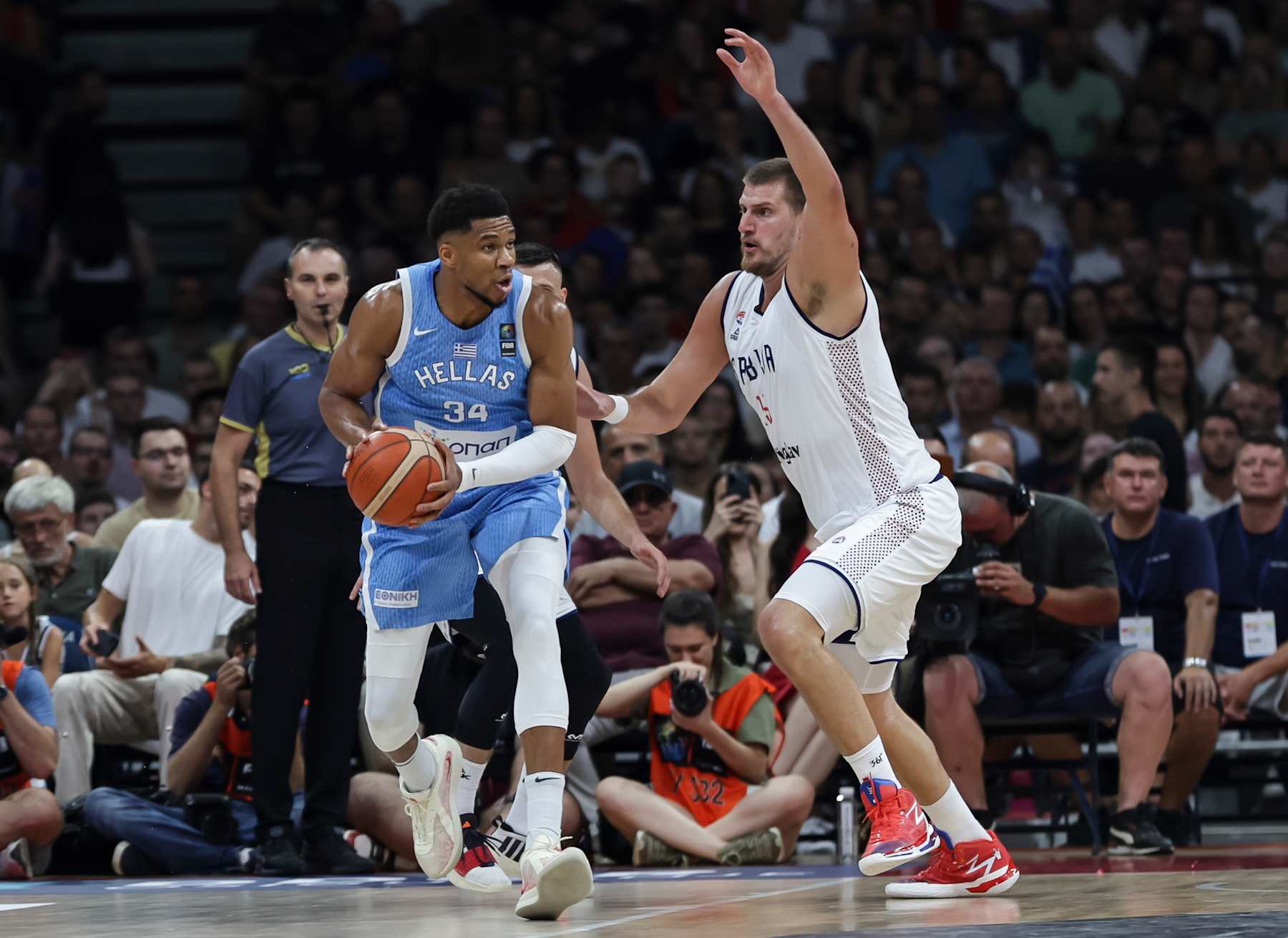 BELGRADE, SERBIA - JULY 22: Giannis Antetokounmpo (L) of Greece in action against Nikola Jokic (R) of Serbia during the International Basketball Friendly match between Serbia and Greece at Belgrade Arena on July 22, 2024 in Belgrade, Serbia. (Photo by Srdjan Stevanovic/Getty Images)