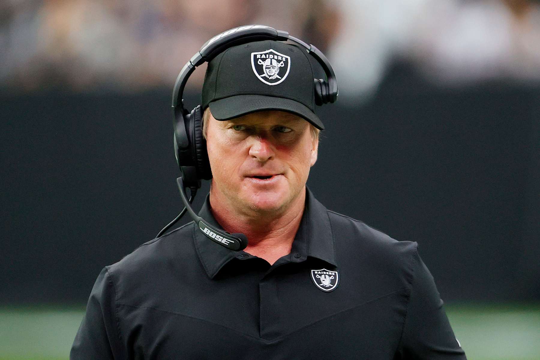 LAS VEGAS, NEVADA - OCTOBER 10: Head coach John Gruden of the Las Vegas Raiders reacts on the sideline during a game against the Chicago Bears at Allegiant Stadium on October 10, 2021 in Las Vegas, Nevada. (Photo by Ethan Miller/Getty Images)