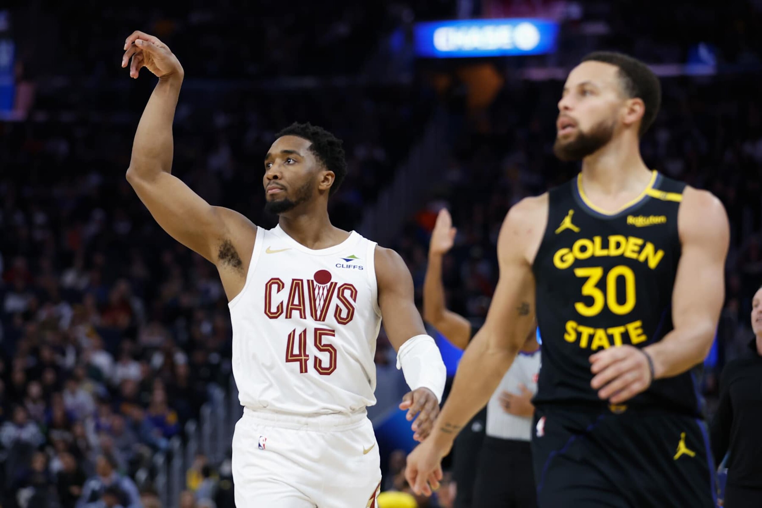 SAN FRANCISCO, CALIFORNIA - DECEMBER 30: Donovan Mitchell #45 of the Cleveland Cavaliers watches his three-point shot go in during the third quarter against the Golden State Warriors at Chase Center on December 30, 2024 in San Francisco, California. NOTE TO USER: User expressly acknowledges and agrees that, by downloading and or using this photograph, User is consenting to the terms and conditions of the Getty Images License Agreement. (Photo by Lachlan Cunningham/Getty Images) SAN FRANCISCO, CALIFORNIA - DECEMBER 30: Donovan Mitchell #45 of the Cleveland Cavaliers watches his three-point shot go in during the third quarter against the Golden State Warriors at Chase Center on December 30, 2024 in San Francisco, California. NOTE TO USER: User expressly acknowledges and agrees that, by downloading and or using this photograph, User is consenting to the terms and conditions of the Getty Images License Agreement. (Photo by Lachlan Cunningham/Getty Images)