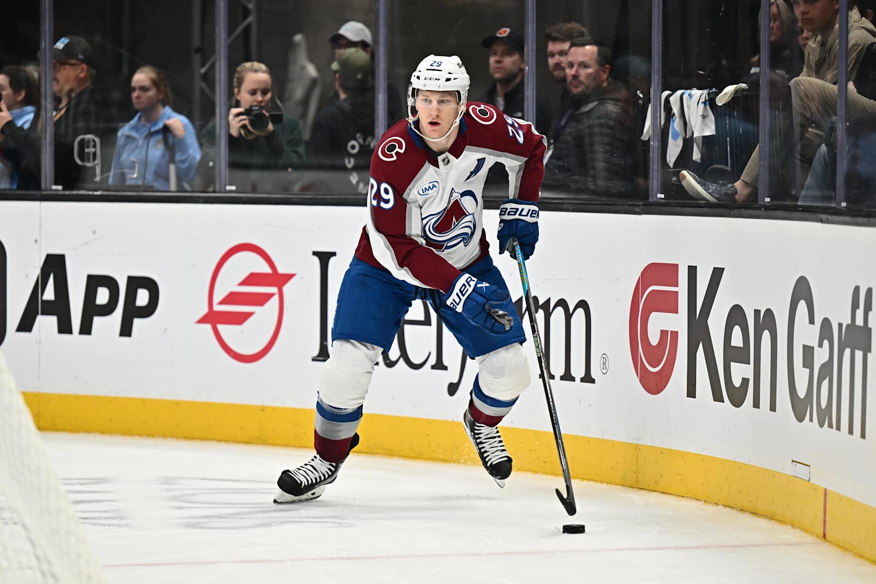 SALT LAKE CITY, UTAH - DECEMBER 27:  Nathan MacKinnon #29 of the Colorado Avalanche skates against the Utah Hockey Club on December 27, 2024 at Delta Center in Salt Lake City, Utah.  (Photo by Jamie Sabau/NHLI via Getty Images)