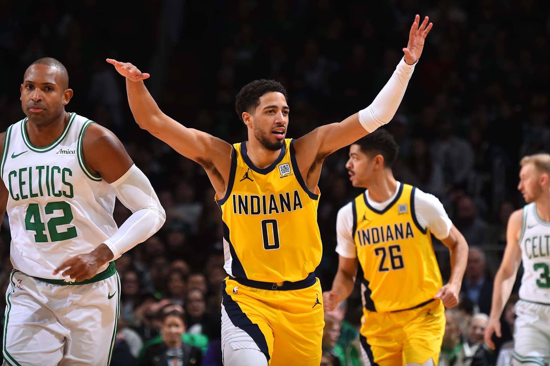 BOSTON, MA - DECEMBER 29: Tyrese Haliburton #0 of the Indiana Pacers celebrates during the game against the Boston Celtics on December 29, 2024 at the TD Garden in Boston, Massachusetts. NOTE TO USER: User expressly acknowledges and agrees that, by downloading and or using this photograph, User is consenting to the terms and conditions of the Getty Images License Agreement. Mandatory Copyright Notice: Copyright 2024 NBAE(Photo by Brian Babineau/NBAE via Getty Images)