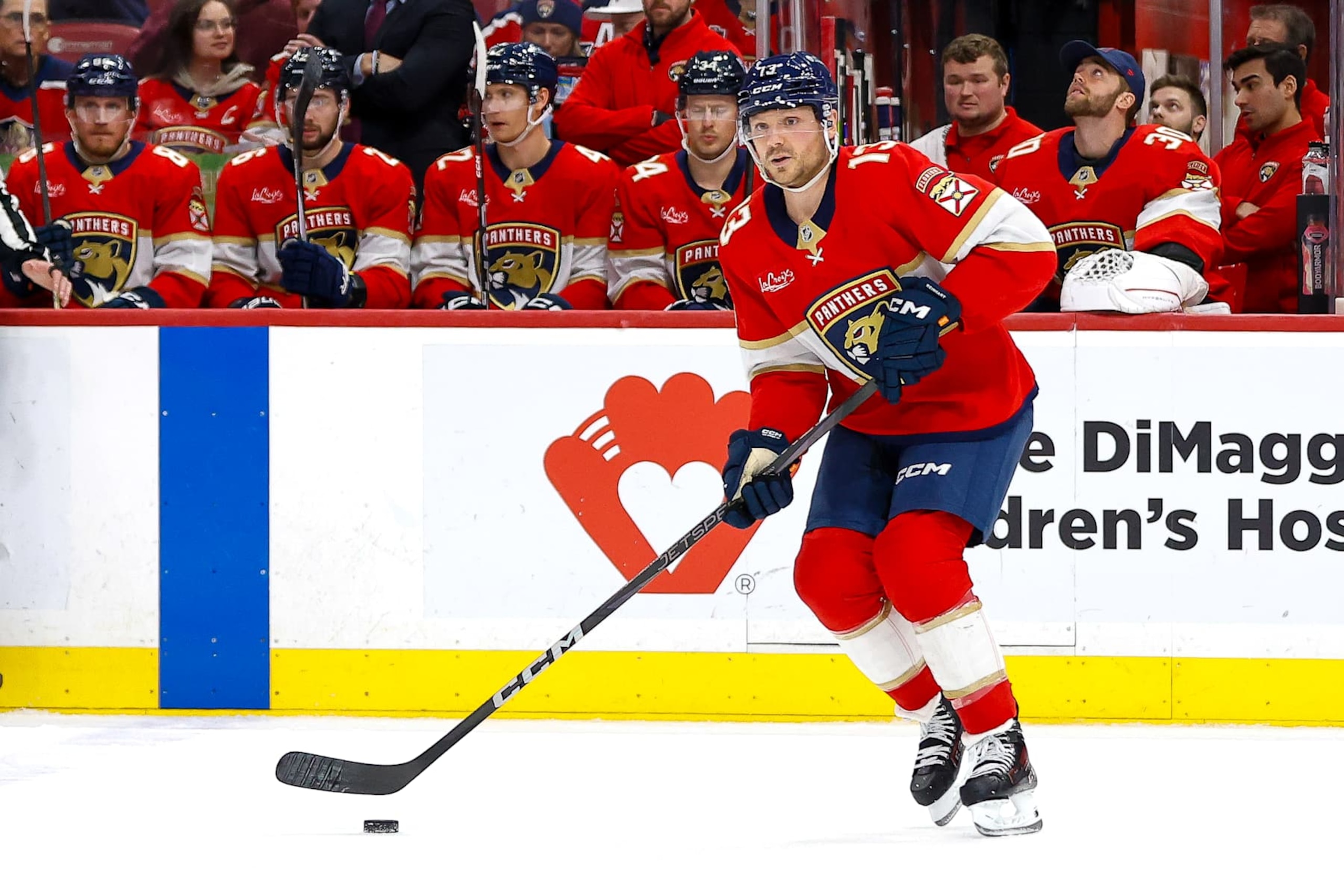 SUNRISE, FL - DECEMBER 30: Florida Panther Sam Reinhart #13 in action during the game between New York Rangers and the Florida Panthers on Monday December 30, 2024, at Amerant Bank Arena in Sunrise, FL. (Photo by Chris Arjoon/Icon Sportswire via Getty Images)