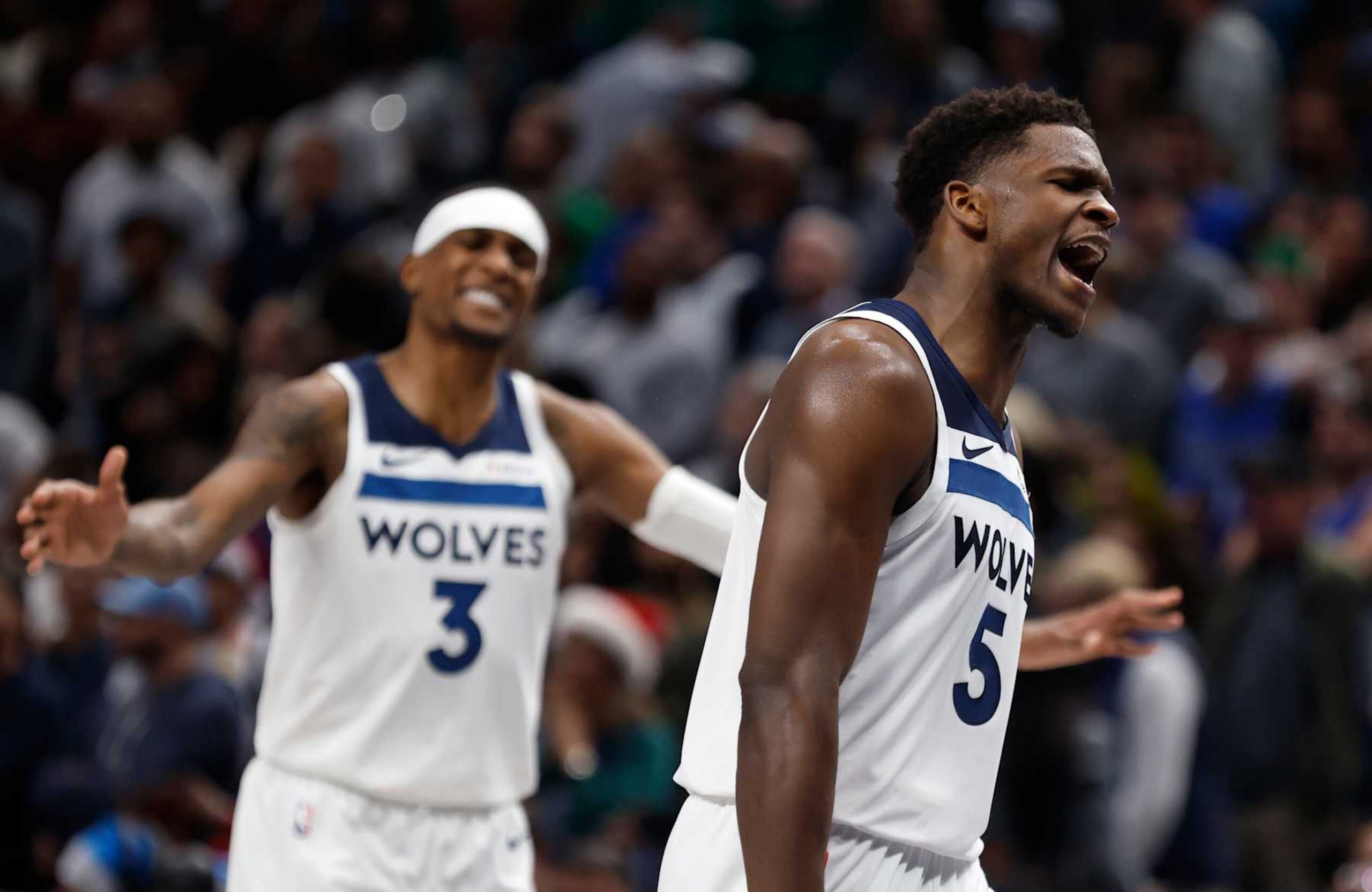 DALLAS, TX -DECEMBER 25 : Anthony Edwards #5 of the Minnesota Timberwolves reacts late in the second half against the Dallas Mavericks at American Airlines Center on December 25, 2024 in Dallas, Texas. NOTE TO USER: User expressly acknowledges and agrees that, by downloading and or using this photograph, User is consenting to the terms and conditions of the Getty Images License Agreement. (Photo by Ron Jenkins/Getty Images) DALLAS, TX -DECEMBER 25 : Anthony Edwards #5 of the Minnesota Timberwolves reacts late in the second half against the Dallas Mavericks at American Airlines Center on December 25, 2024 in Dallas, Texas. NOTE TO USER: User expressly acknowledges and agrees that, by downloading and or using this photograph, User is consenting to the terms and conditions of the Getty Images License Agreement. (Photo by Ron Jenkins/Getty Images)