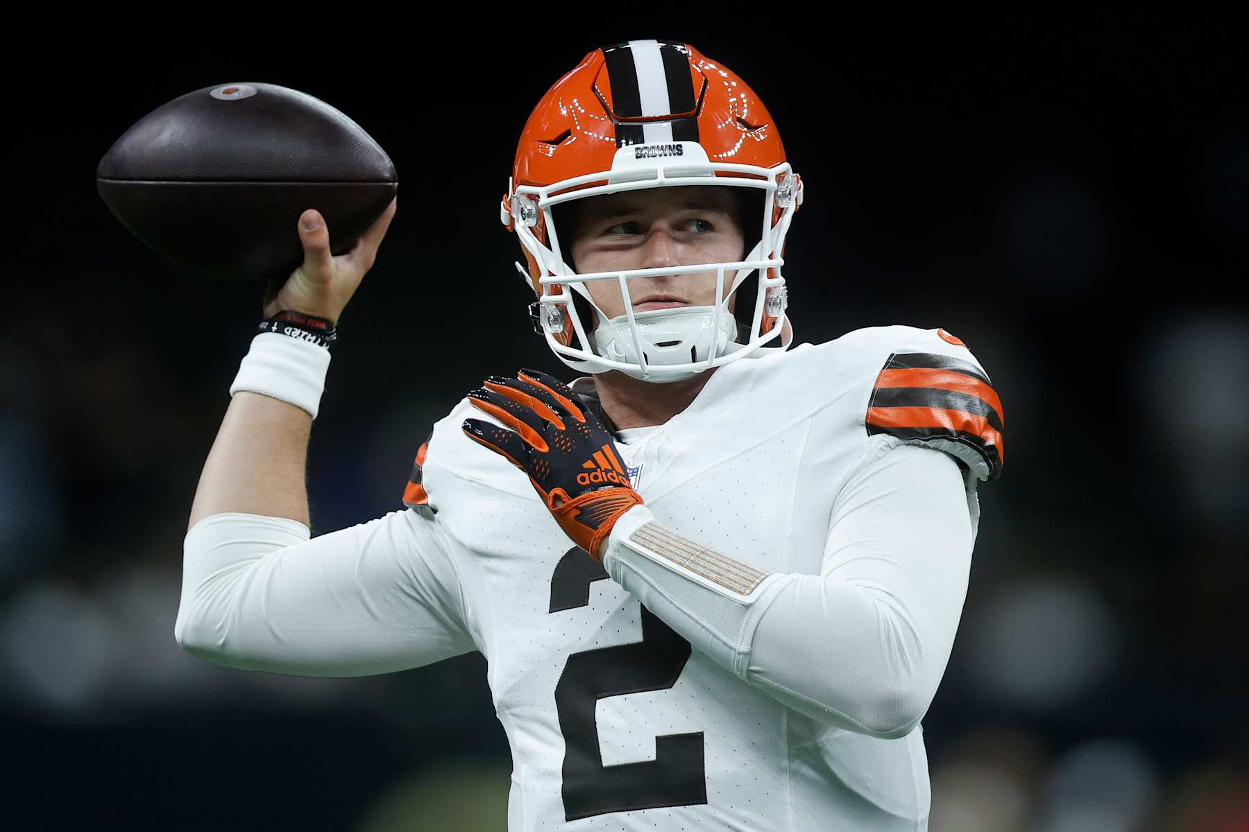 NEW ORLEANS, LOUISIANA - NOVEMBER 17: Bailey Zappe #2 of the Cleveland Browns looks on during the game against the New Orleans Saints at Caesars Superdome on November 17, 2024 in New Orleans, Louisiana. (Photo by Chris Graythen/Getty Images)