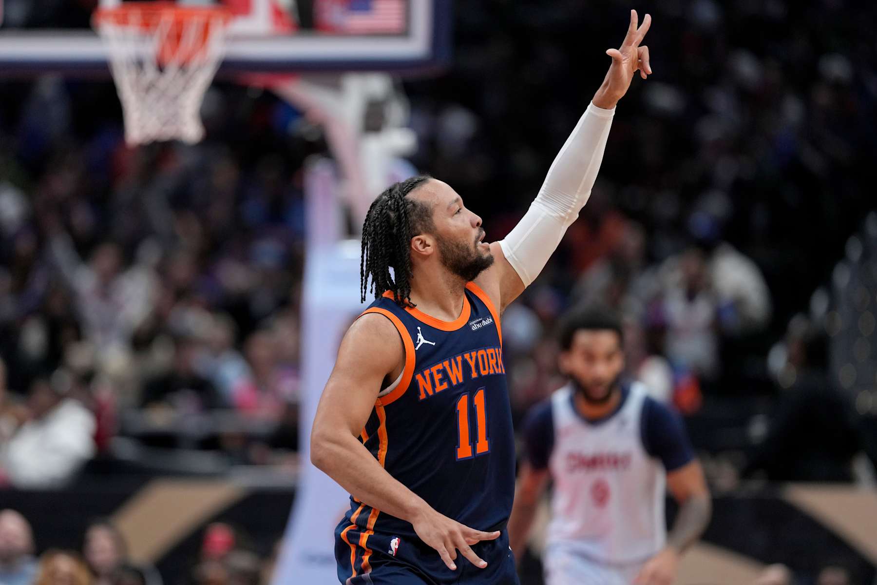 WASHINGTON, DC - DECEMBER 30: Jalen Brunson #11 of the New York Knicks gestures after scoring against the Washington Wizards during the first half at Capital One Arena on December 30, 2024 in Washington, DC. NOTE TO USER: User expressly acknowledges and agrees that, by downloading and or using this photograph, User is consenting to the terms and conditions of the Getty Images License Agreement. (Photo by Jess Rapfogel/Getty Images)