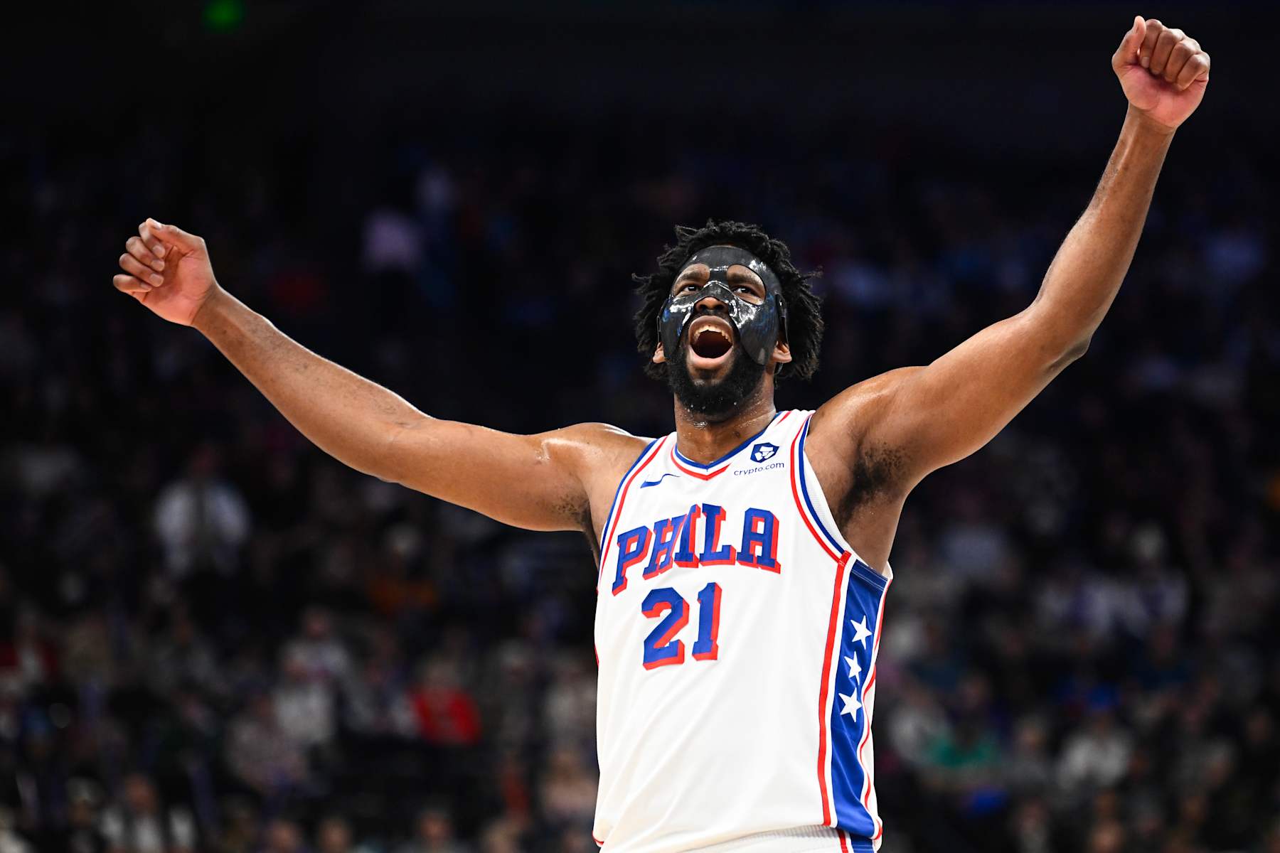 SALT LAKE CITY, UTAH - DECEMBER 28: Joel Embiid #21 of the Philadelphia 76ers celebrates a play during the first half of a game against the Utah Jazz at Delta Center on December 28, 2024 in Salt Lake City, Utah. NOTE TO USER: User expressly acknowledges and agrees that, by downloading and or using this photograph, User is consenting to the terms and conditions of the Getty Images License Agreement. (Photo by Alex Goodlett/Getty Images)