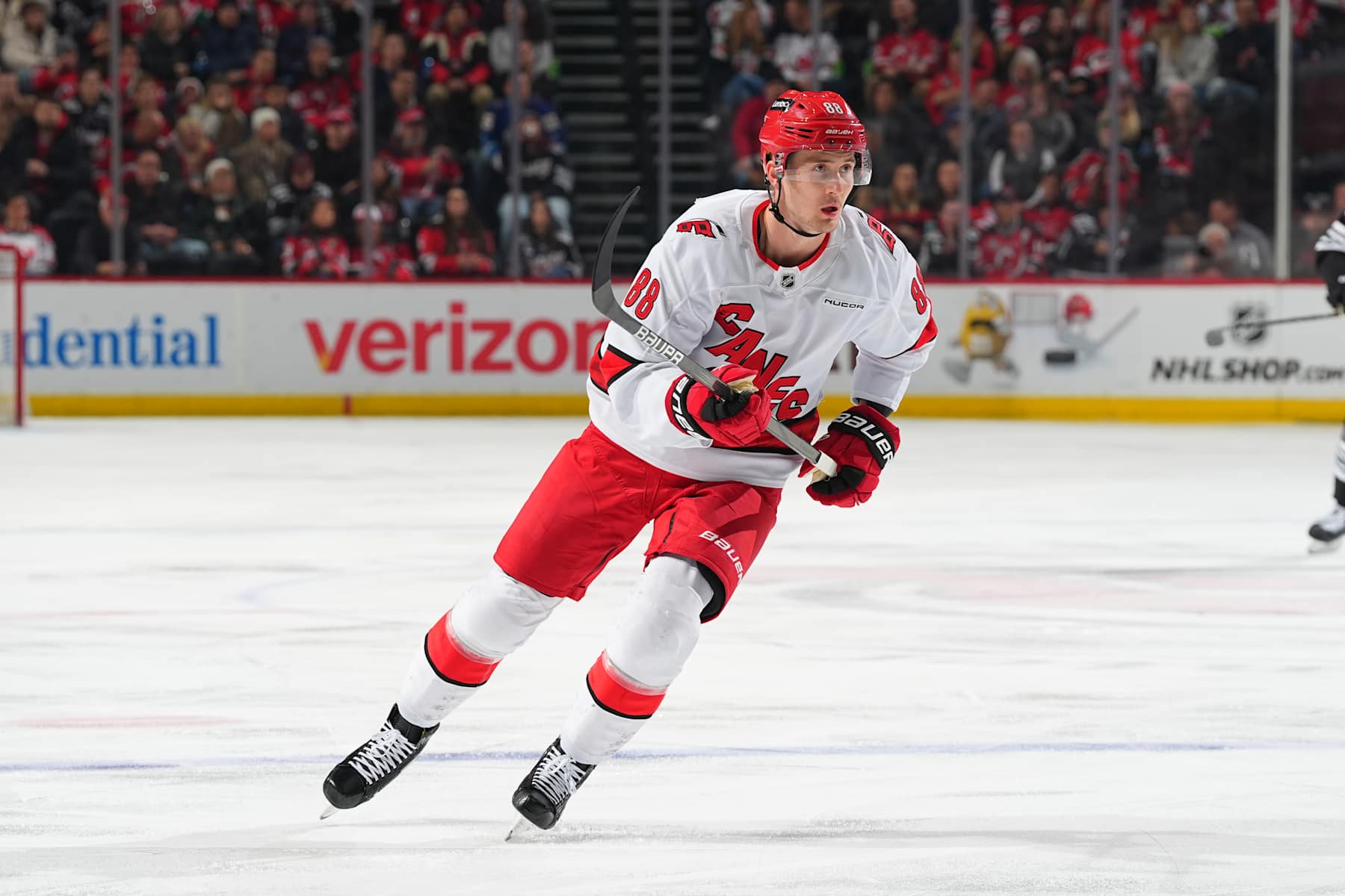 NEWARK, NJ - DECEMBER 27: Martin Necas #88 of the Carolina Hurricanes skates in the first period of the game against the New Jersey Devils at the Prudential Center on December 27, 2024 in Newark, New Jersey.  (Photo by Rich Graessle/NHLI via Getty Images)