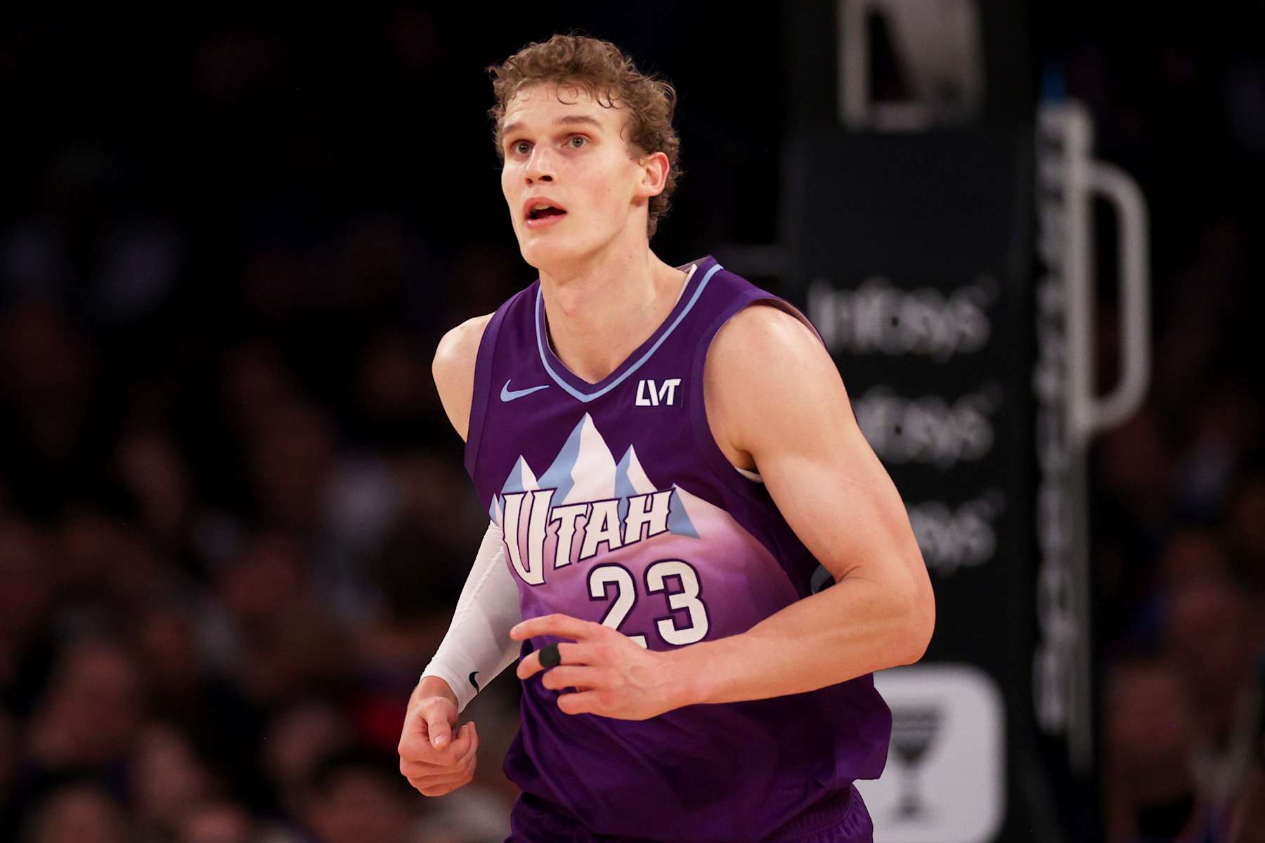 NEW YORK, NEW YORK - JANUARY 01: Lauri Markkanen #23 of the Utah Jazz looks on against the New York Knicks during the second half at Madison Square Garden on January 01, 2025 in New York City. NOTE TO USER: User expressly acknowledges and agrees that, by downloading and or using this photograph, User is consenting to the terms and conditions of the Getty Images License Agreement. (Photo by Evan Bernstein/Getty Images)