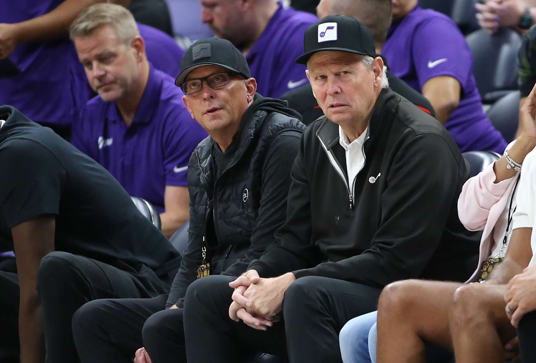 SALT LAKE CITY, UT - JULY 10: Justin Zanik general manager of the Utah Jazz and Danny Ainge CEO of Jazz basketball watch the game between the Utah Jazz and the  Philadelphia 76ers during the second half the NBA Summer League game at the Delta Center on July 10, 2024 in Salt Lake City, Utah. NOTE TO USER: User expressly acknowledges and agrees that, by downloading and or using this photographer, user is consenting to the terms and conditions of Getty Images License Agreement.(Photo by Chris Gardner/Getty Images)