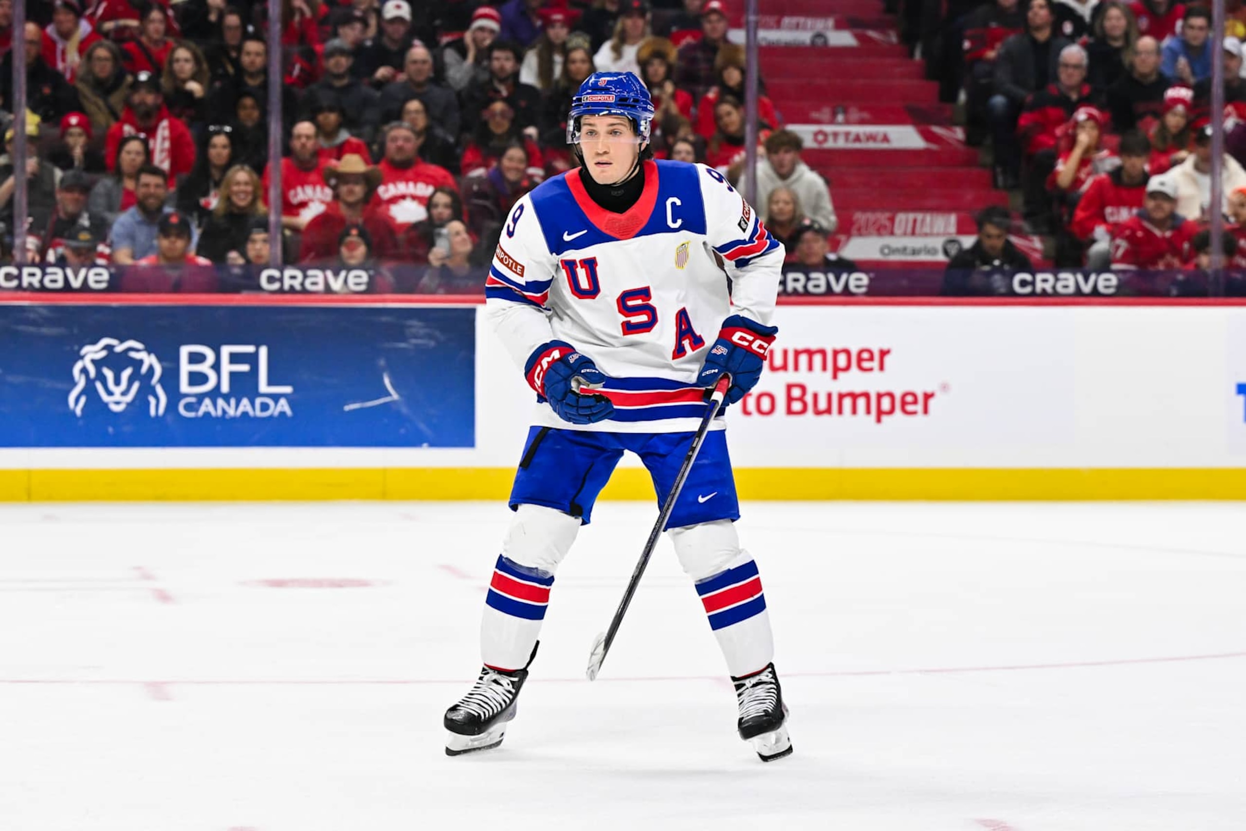 OTTAWA, CANADA - DECEMBER 31: Ryan Leonard #9 of Team USA skates in the second period against Team Canada of the Group A match during the 2025 IIHF World Junior Championship at Canadian Tire Centre on December 31, 2024 in Ottawa, Ontario, Canada. Team USA defeated Team Canada 4-1. (Photo by Minas Panagiotakis/Getty Images) OTTAWA, CANADA - DECEMBER 31: Ryan Leonard #9 of Team USA skates in the second period against Team Canada of the Group A match during the 2025 IIHF World Junior Championship at Canadian Tire Centre on December 31, 2024 in Ottawa, Ontario, Canada. Team USA defeated Team Canada 4-1. (Photo by Minas Panagiotakis/Getty Images)