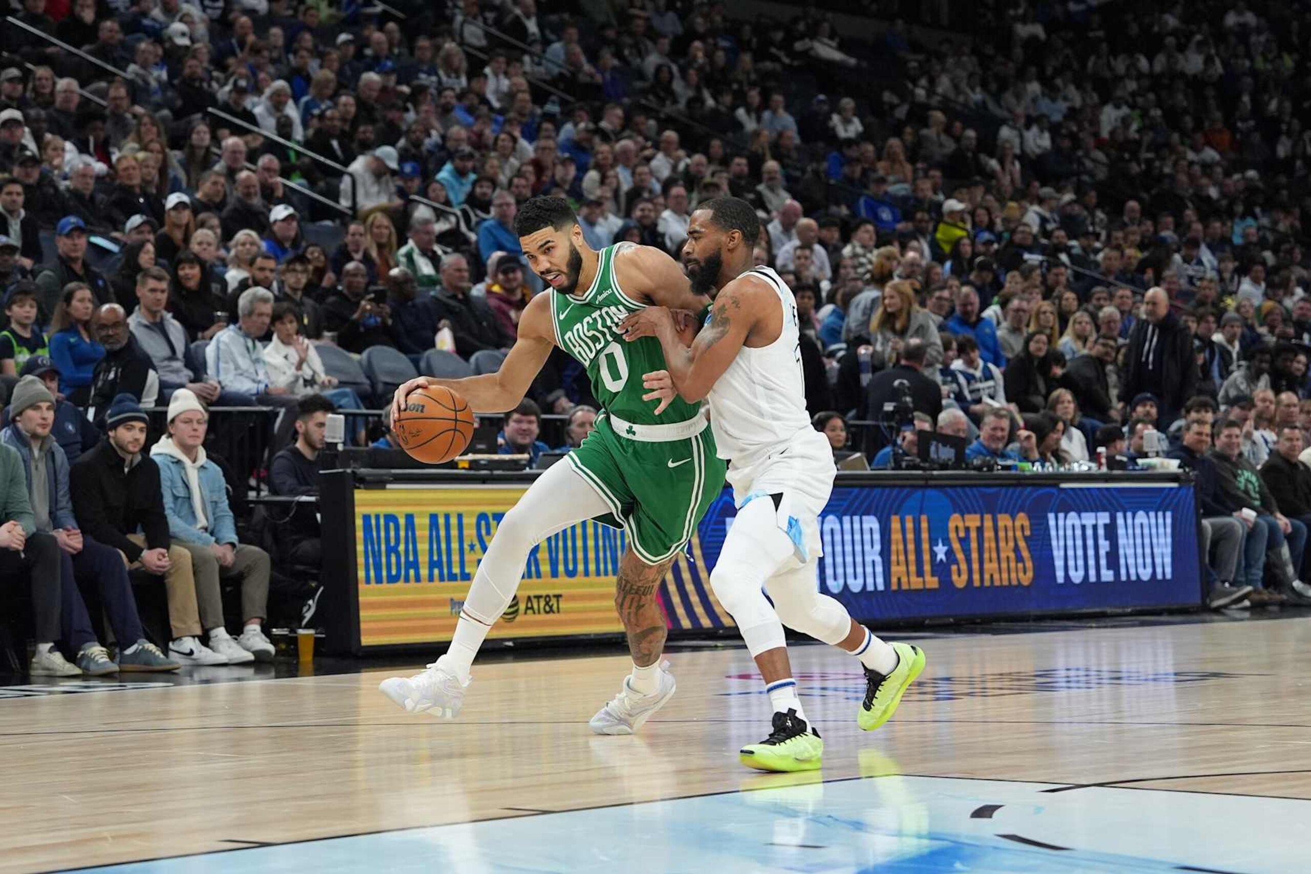 MINNEAPOLIS, MN - JANUARY 2: Jayson Tatum #0 of the Boston Celtics dribbles the ball during the game against the Minnesota Timberwolves on January 2, 2025 at Target Center in Minneapolis, Minnesota. NOTE TO USER: User expressly acknowledges and agrees that, by downloading and or using this Photograph, user is consenting to the terms and conditions of the Getty Images License Agreement. Mandatory Copyright Notice: Copyright 2025 NBAE (Photo by Jordan Johnson/NBAE via Getty Images) MINNEAPOLIS, MN - JANUARY 2: Jayson Tatum #0 of the Boston Celtics dribbles the ball during the game against the Minnesota Timberwolves on January 2, 2025 at Target Center in Minneapolis, Minnesota. NOTE TO USER: User expressly acknowledges and agrees that, by downloading and or using this Photograph, user is consenting to the terms and conditions of the Getty Images License Agreement. Mandatory Copyright Notice: Copyright 2025 NBAE (Photo by Jordan Johnson/NBAE via Getty Images)