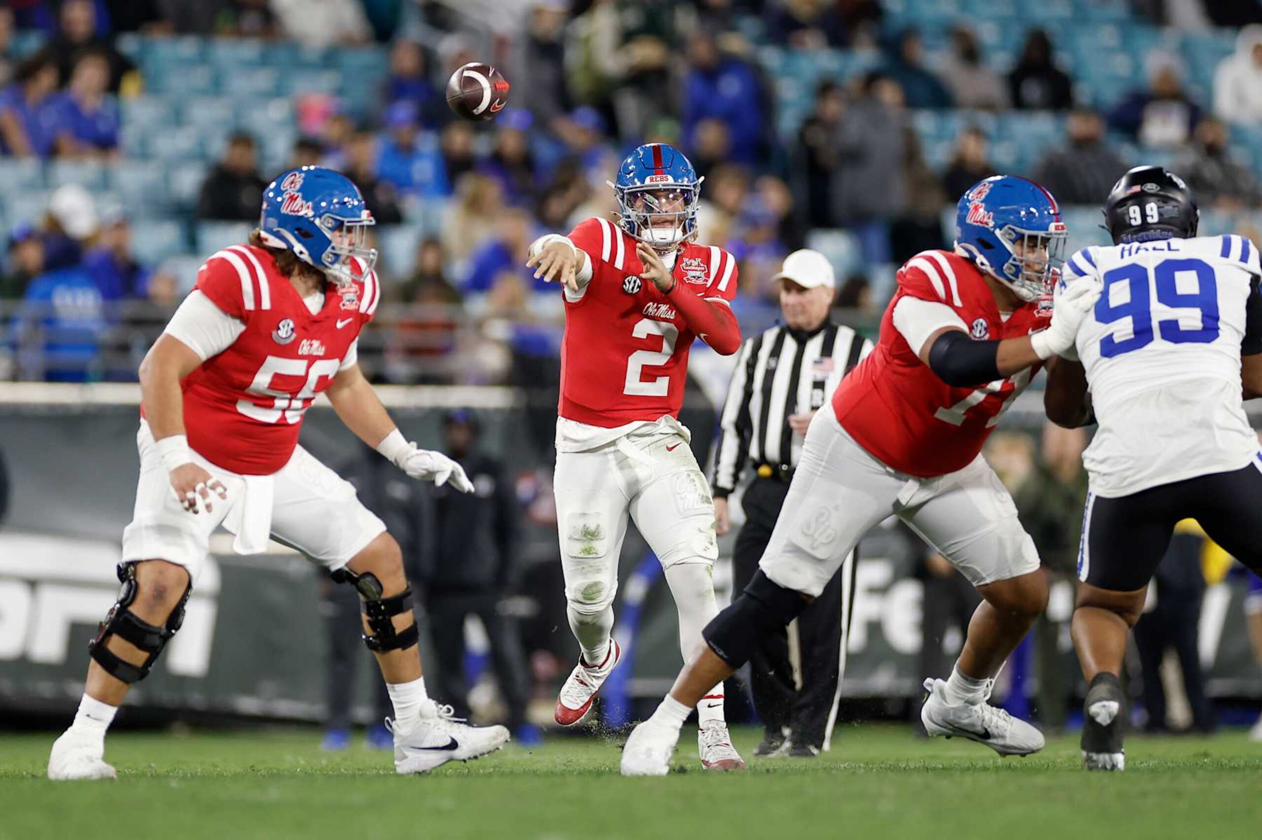 JACKSONVILLE, FL - JANUARY 02: Mississippi Rebels quarterback Jaxson Dart (2) throws a pass during the game between the Mississippi Rebels and the Duke Blue Devils on January 2, 2025 at EverBank Stadium in Jacksonville, Fl. (Photo by David Rosenblum/Icon Sportswire via Getty Images) JACKSONVILLE, FL - JANUARY 02: Mississippi Rebels quarterback Jaxson Dart (2) throws a pass during the game between the Mississippi Rebels and the Duke Blue Devils on January 2, 2025 at EverBank Stadium in Jacksonville, Fl. (Photo by David Rosenblum/Icon Sportswire via Getty Images)