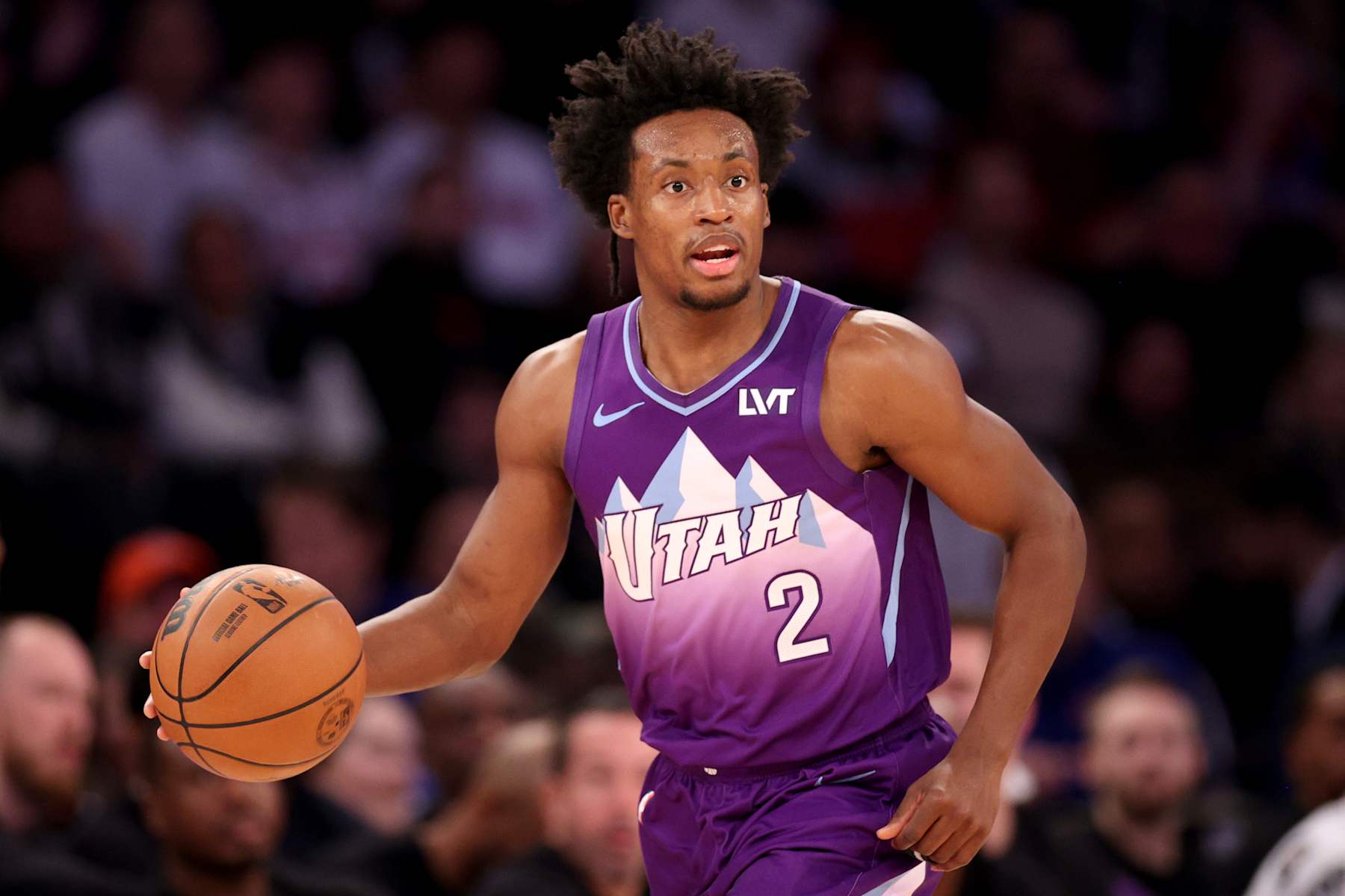 NEW YORK, NEW YORK - JANUARY 01: Collin Sexton #2 of the Utah Jazz dribbles the ball against the New York Knicks during the first half at Madison Square Garden on January 01, 2025 in New York City. NOTE TO USER: User expressly acknowledges and agrees that, by downloading and or using this photograph, User is consenting to the terms and conditions of the Getty Images License Agreement. (Photo by Evan Bernstein/Getty Images)