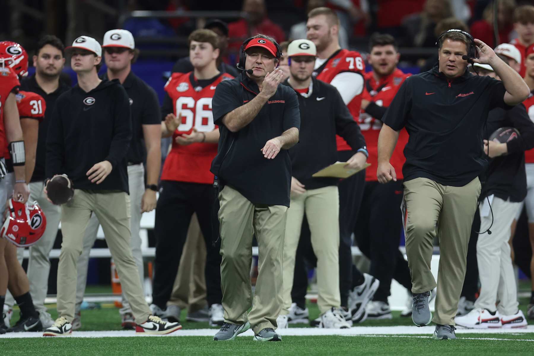 NEW ORLEANS, LOUISIANA - JANUARY 02: Head coach Kirby Smart of the Georgia Bulldogs looks on during the first quarter against the Notre Dame Fighting Irish during the 91st Allstate Sugar Bowl at Caesars Superdome on January 02, 2025 in New Orleans, Louisiana. (Photo by Chris Graythen/Getty Images)