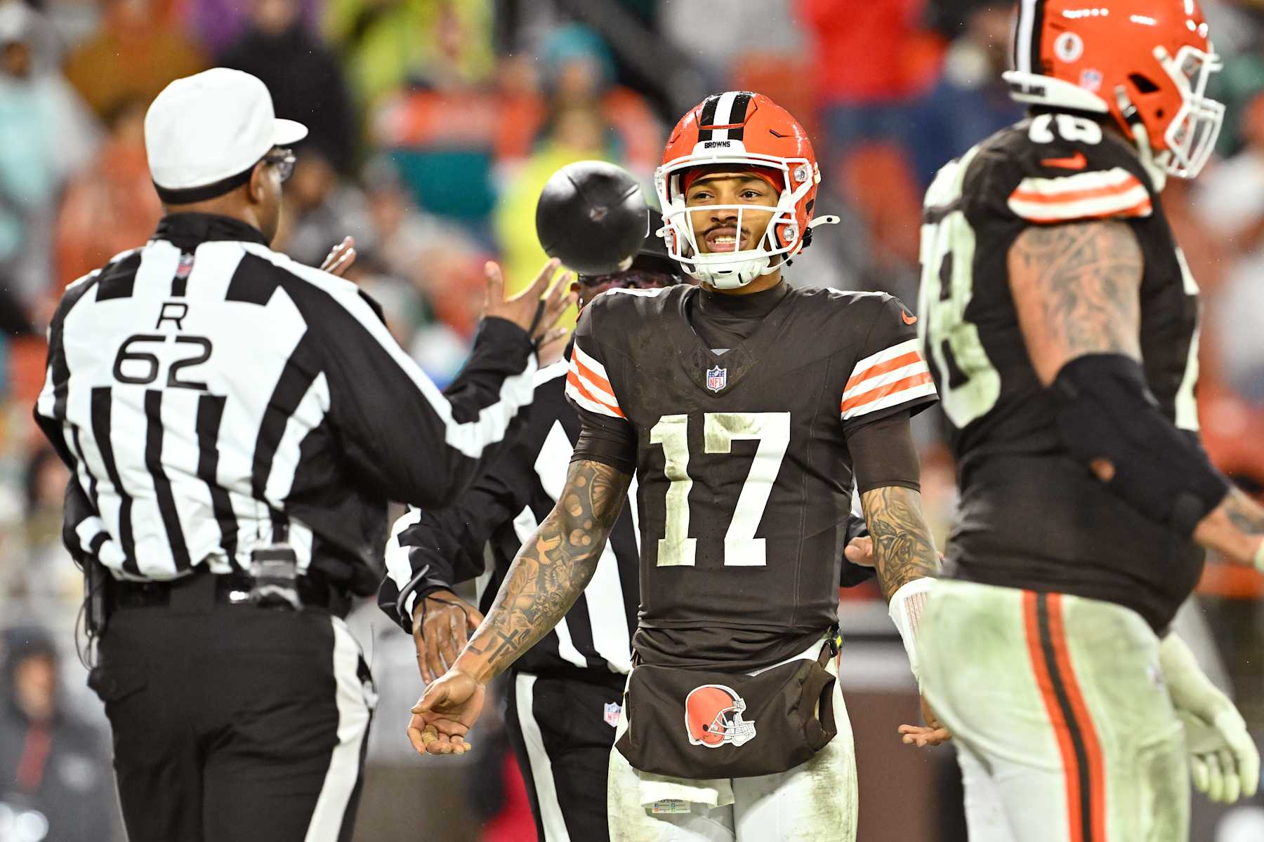 CLEVELAND, OHIO - DECEMBER 29: Dorian Thompson-Robinson #17 of the Cleveland Browns reacts during the fourth quarter against the Miami Dolphins at Huntington Bank Field on December 29, 2024 in Cleveland, Ohio. (Photo by Jason Miller/Getty Images)