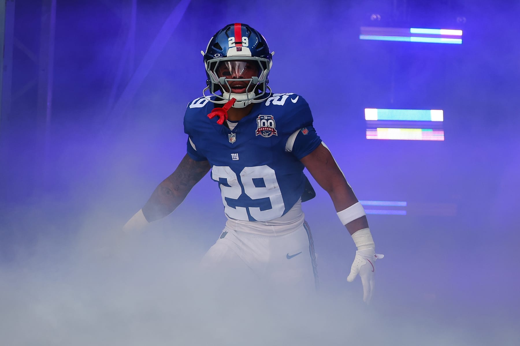 EAST RUTHERFORD, NEW JERSEY - DECEMBER 29: Tyrone Tracy Jr. #29 of the New York Giants walks onto the field before the start of their game against the Indianapolis Colts at MetLife Stadium on December 29, 2024 in East Rutherford, New Jersey. (Photo by Ed Mulholland/Getty Images)