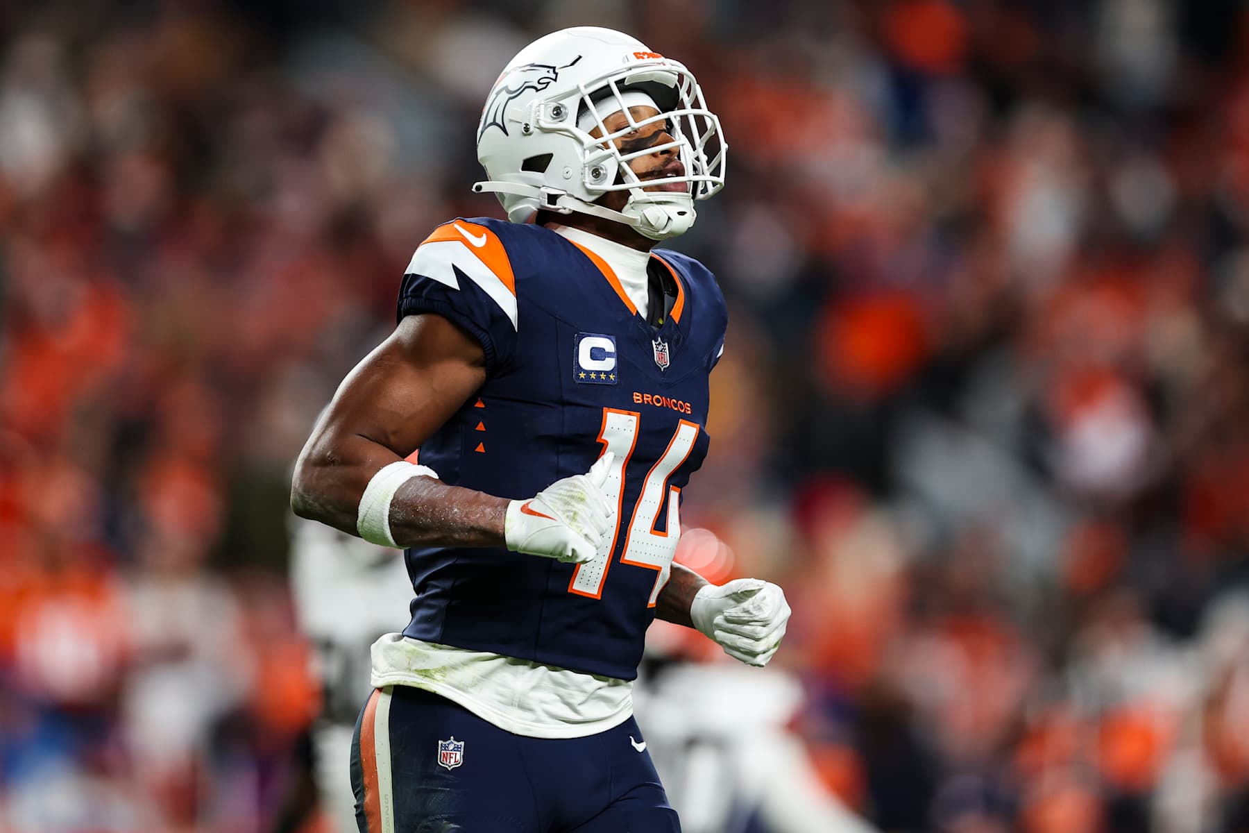 DENVER, COLORADO - DECEMBER 02: Courtland Sutton #14 of the Denver Broncos lines up before the snap during an NFL football game against the Cleveland Browns at Empower Field at Mile High on December 2, 2024 in Denver, Colorado (Photo by Perry Knotts/Getty Images)