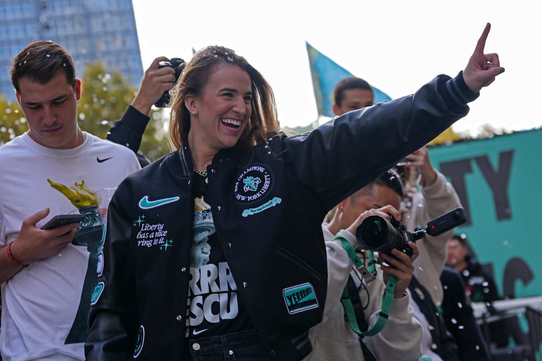 NEW YORK, NY - OCTOBER 24: Sabrina Ionescu #20 of the New York Liberty celebrates during the 2024 New York Liberty Ticker Tape Victory Parade and Rally on October 24, 2024 in New York City, New York. NOTE TO USER: User expressly acknowledges and agrees that, by downloading and or using this photograph, User is consenting to the terms and conditions of the Getty Images License Agreement. Mandatory Copyright Notice: Copyright 2024 NBAE (Photo by Ryan Stetz/NBAE via Getty Images) NEW YORK, NY - OCTOBER 24: Sabrina Ionescu #20 of the New York Liberty celebrates during the 2024 New York Liberty Ticker Tape Victory Parade and Rally on October 24, 2024 in New York City, New York. NOTE TO USER: User expressly acknowledges and agrees that, by downloading and or using this photograph, User is consenting to the terms and conditions of the Getty Images License Agreement. Mandatory Copyright Notice: Copyright 2024 NBAE (Photo by Ryan Stetz/NBAE via Getty Images)