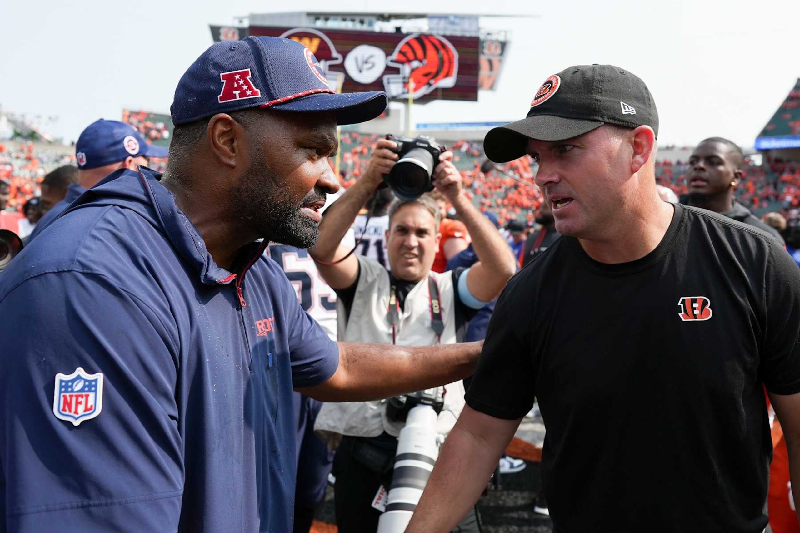 CINCINNATI, OHIO - SEPTEMBER 08: Head coach Jerod Mayo of the New England Patriots and head coach Zac Taylor of the Cincinnati Bengals shake hands after the Patriots beat the Bengals 16-10at Paycor Stadium on September 08, 2024 in Cincinnati, Ohio. (Photo by Dylan Buell/Getty Images) CINCINNATI, OHIO - SEPTEMBER 08: Head coach Jerod Mayo of the New England Patriots and head coach Zac Taylor of the Cincinnati Bengals shake hands after the Patriots beat the Bengals 16-10at Paycor Stadium on September 08, 2024 in Cincinnati, Ohio. (Photo by Dylan Buell/Getty Images)