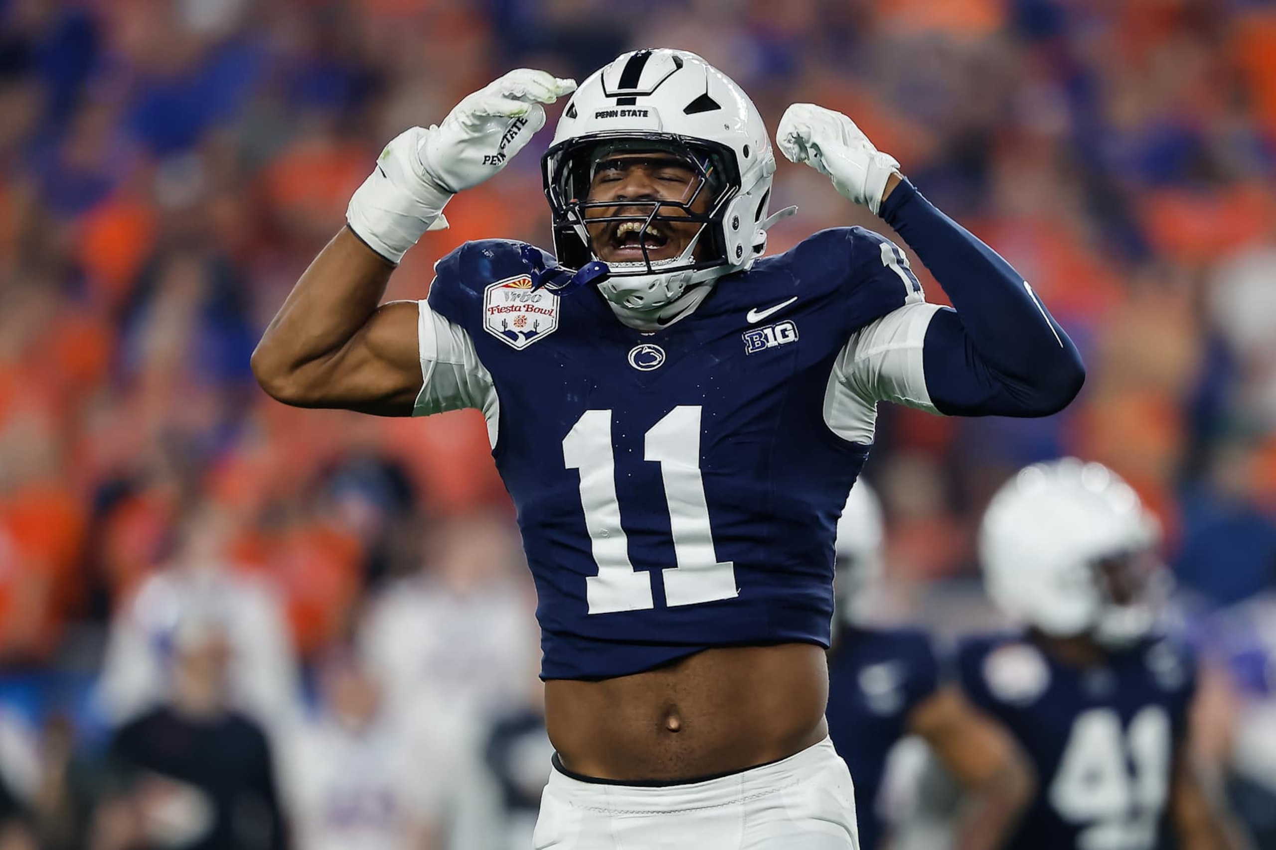 GLENDALE, AZ - DECEMBER 31: Defensive End Abdul Carter #11 of the Penn State Nittany Lions reacts after a big play during the Penn State Nittany Lions versus Boise State Broncos College Football Playoff Quarterfinal at the Vrbo Fiesta Bowl on December 31,2024, at State Farm Stadium in Glendale, AZ. (Photo by Kevin Abele/Icon Sportswire via Getty Images) GLENDALE, AZ - DECEMBER 31: Defensive End Abdul Carter #11 of the Penn State Nittany Lions reacts after a big play during the Penn State Nittany Lions versus Boise State Broncos College Football Playoff Quarterfinal at the Vrbo Fiesta Bowl on December 31,2024, at State Farm Stadium in Glendale, AZ. (Photo by Kevin Abele/Icon Sportswire via Getty Images)