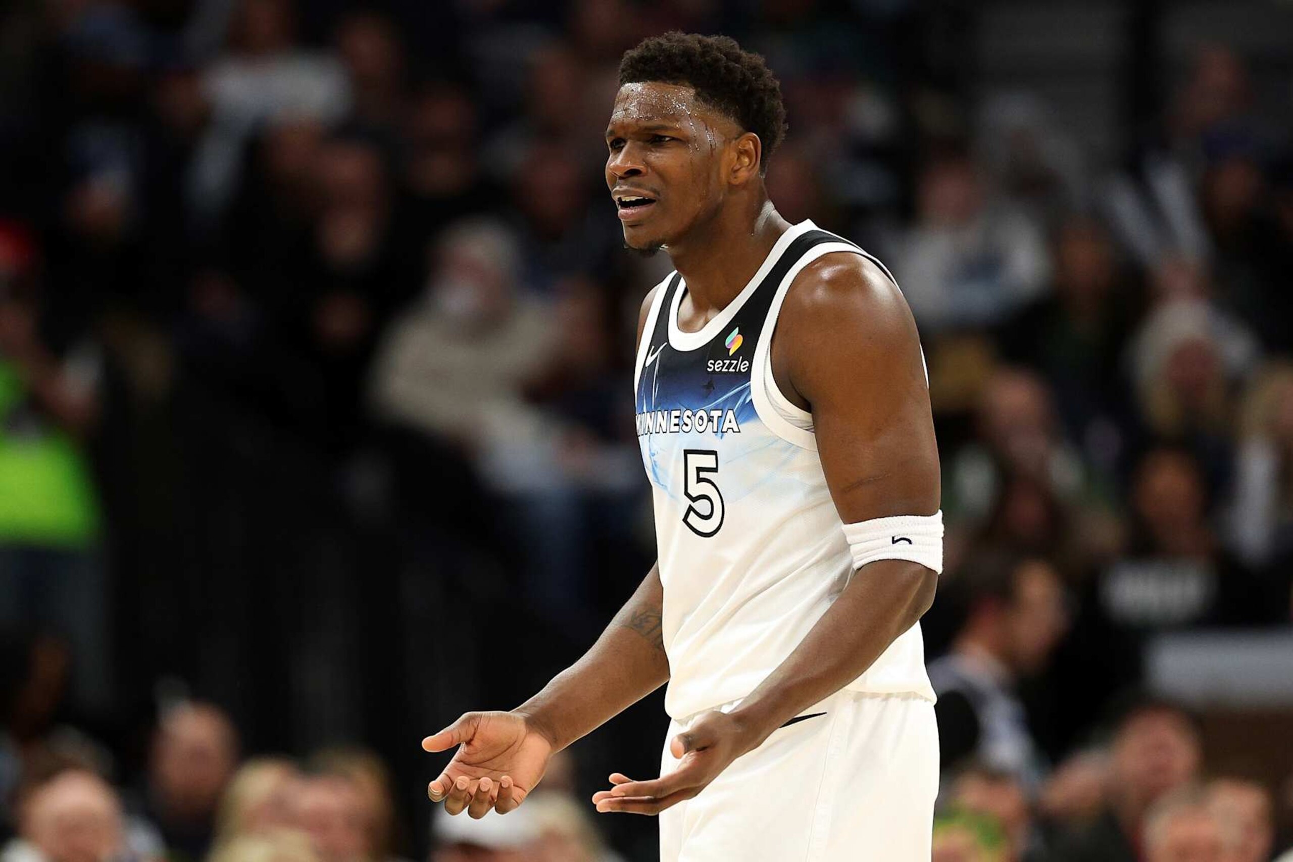 MINNEAPOLIS, MINNESOTA - JANUARY 02: Anthony Edwards #5 of the Minnesota Timberwolves reacts against the Boston Celtics in the first quarter at Target Center on January 02, 2025 in Minneapolis, Minnesota. NOTE TO USER: User expressly acknowledges and agrees that, by downloading and or using this photograph, User is consenting to the terms and conditions of the Getty Images License Agreement. (Photo by David Berding/Getty Images) MINNEAPOLIS, MINNESOTA - JANUARY 02: Anthony Edwards #5 of the Minnesota Timberwolves reacts against the Boston Celtics in the first quarter at Target Center on January 02, 2025 in Minneapolis, Minnesota. NOTE TO USER: User expressly acknowledges and agrees that, by downloading and or using this photograph, User is consenting to the terms and conditions of the Getty Images License Agreement. (Photo by David Berding/Getty Images)